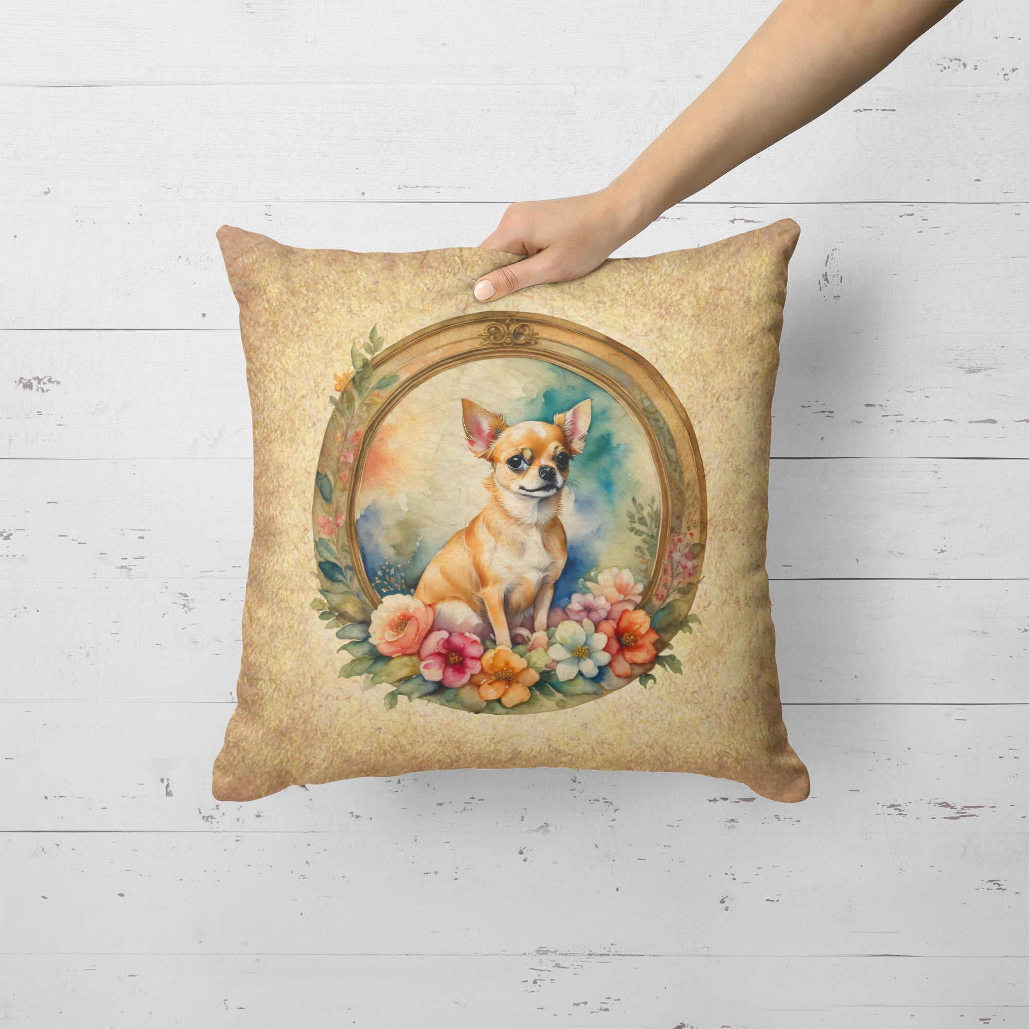 Chihuahua and Flowers Decorative Throw Pillow 18x18 Indoor Outdoor Accent Cushion, Fabric Cover with Insert for Sofa, Bed, Porch & Living Room