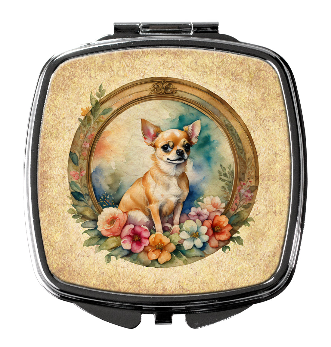 Chihuahua and Flowers Compact Mirror Decorative Travel Makeup Mirror for Women Girls Gifts Pocket Makeup Mirror Folding Handheld