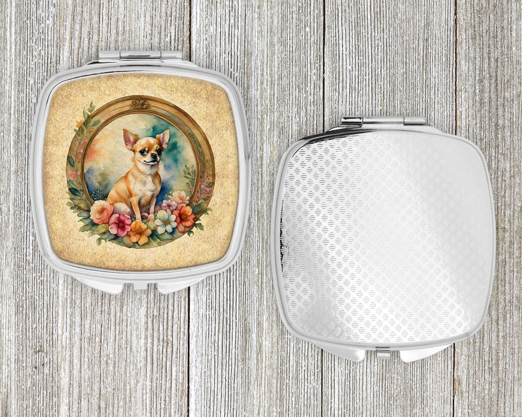 Chihuahua and Flowers Compact Mirror Decorative Travel Makeup Mirror for Women Girls Gifts Pocket Makeup Mirror Folding Handheld