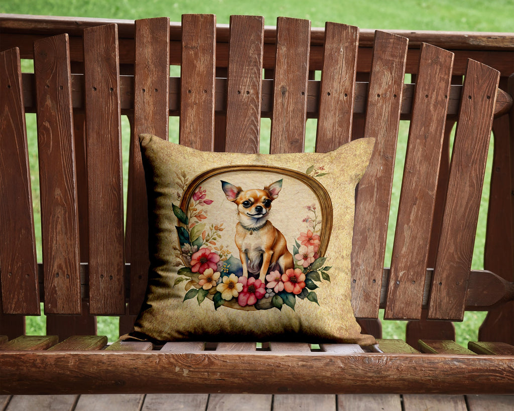Chihuahua and Flowers Decorative Throw Pillow 14x14 Indoor Outdoor Accent Cushion, Fabric Cover with Insert for Sofa, Bed, Porch & Living Room