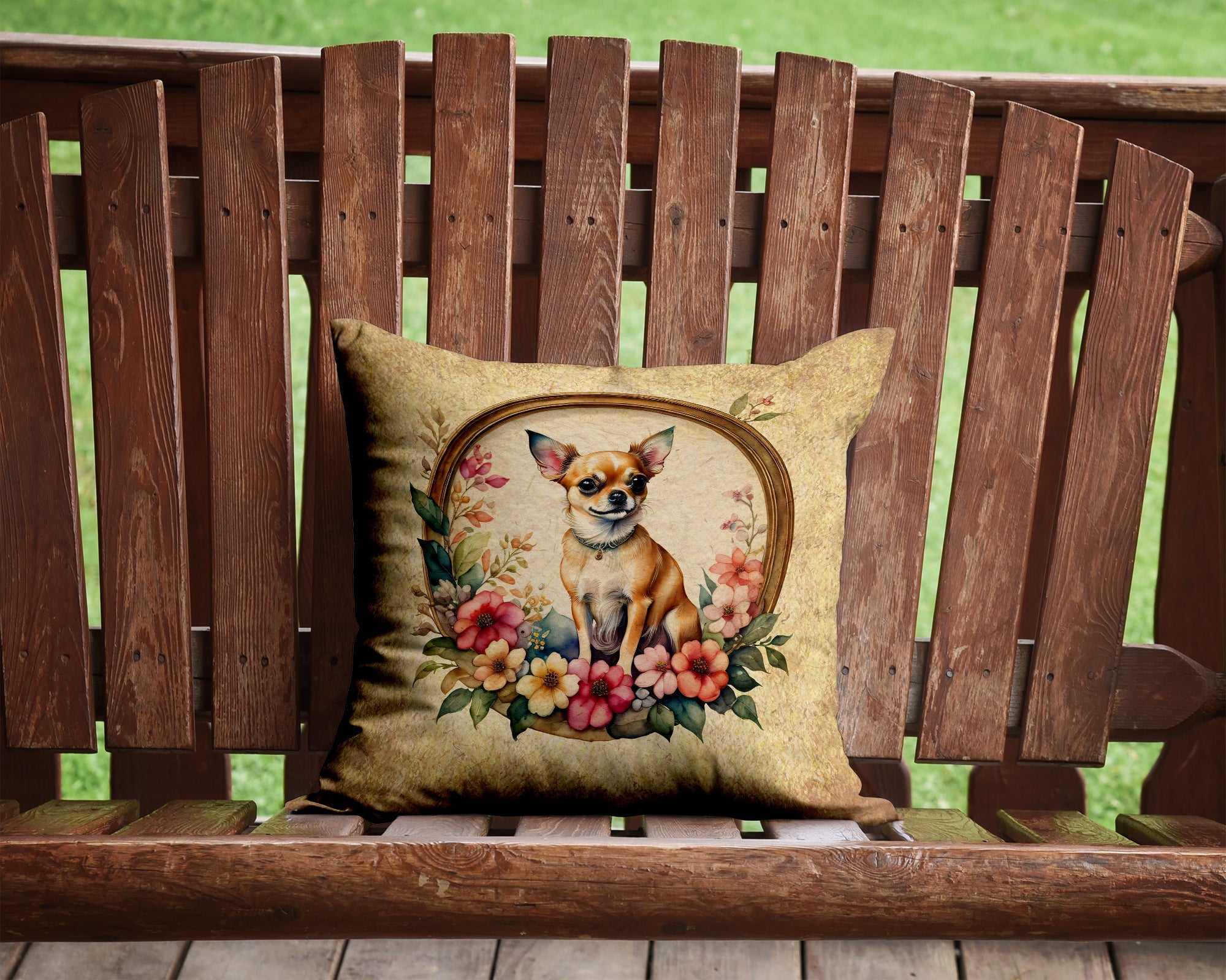 Chihuahua and Flowers Decorative Throw Pillow 14x14 Indoor Outdoor Accent Cushion, Fabric Cover with Insert for Sofa, Bed, Porch & Living Room