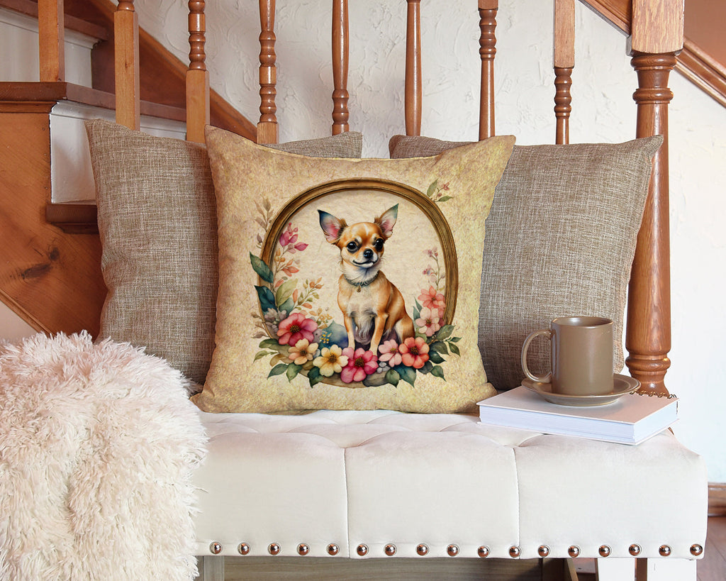 Chihuahua and Flowers Decorative Throw Pillow 14x14 Indoor Outdoor Accent Cushion, Fabric Cover with Insert for Sofa, Bed, Porch & Living Room