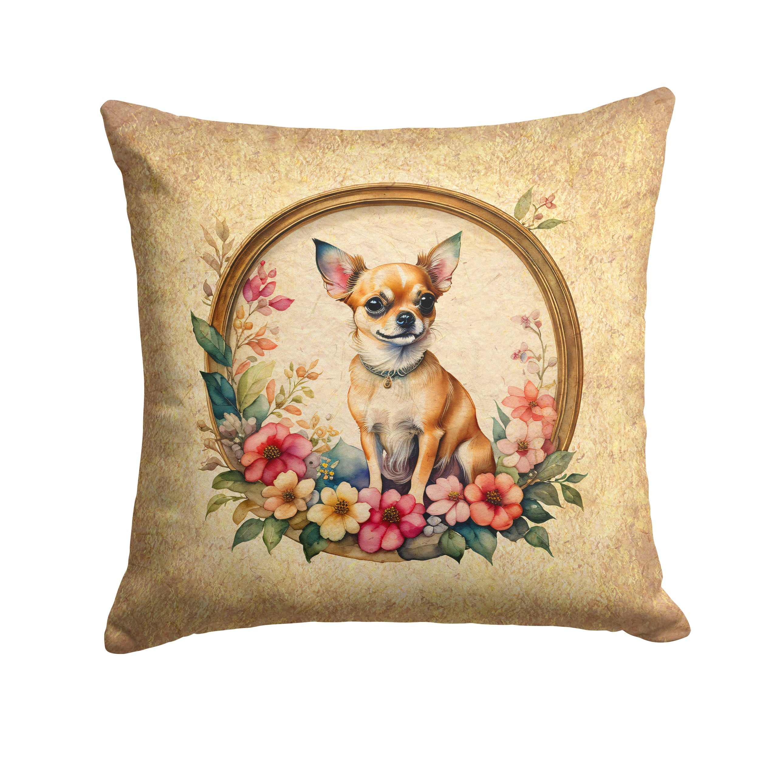 Chihuahua and Flowers Decorative Throw Pillow 18x18 Indoor Outdoor Accent Cushion, Fabric Cover with Insert for Sofa, Bed, Porch & Living Room