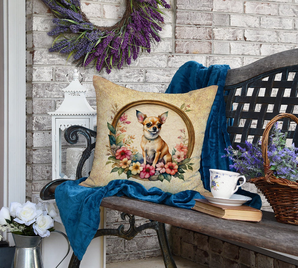 Chihuahua and Flowers Decorative Throw Pillow 18x18 Indoor Outdoor Accent Cushion, Fabric Cover with Insert for Sofa, Bed, Porch & Living Room
