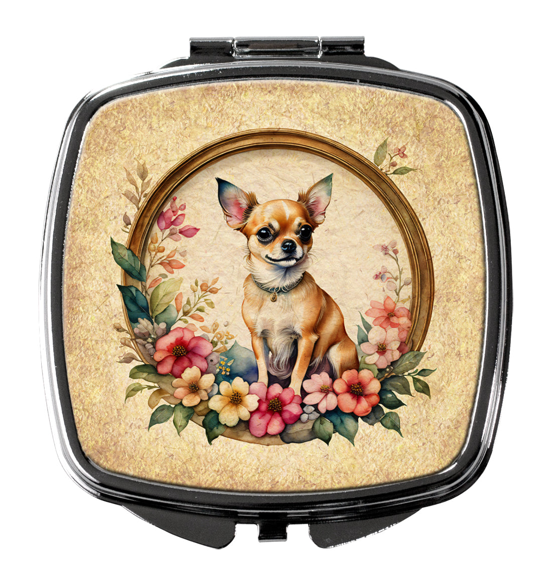 Chihuahua and Flowers Compact Mirror Decorative Travel Makeup Mirror for Women Girls Gifts Pocket Makeup Mirror Folding Handheld