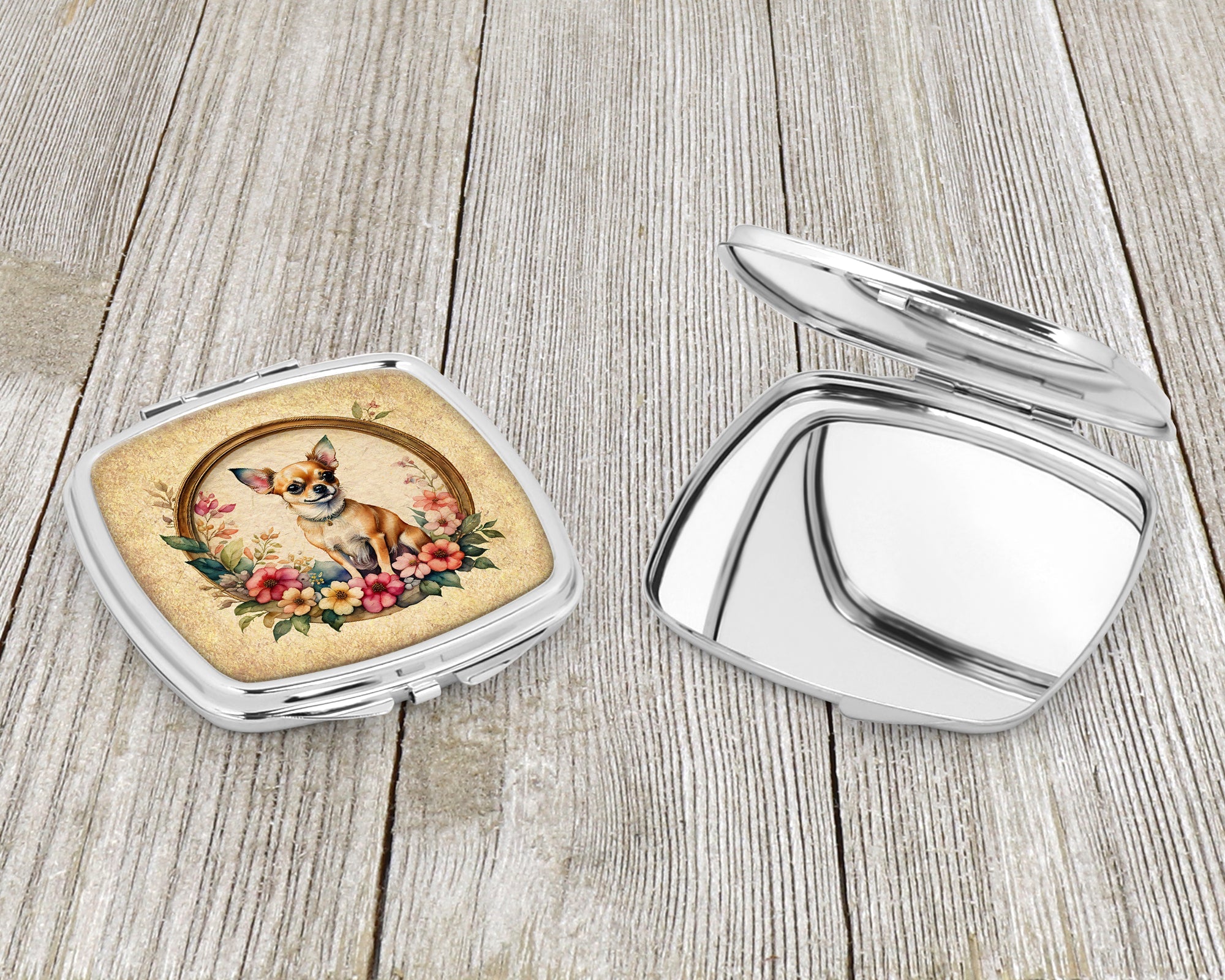 Chihuahua and Flowers Compact Mirror Decorative Travel Makeup Mirror for Women Girls Gifts Pocket Makeup Mirror Folding Handheld