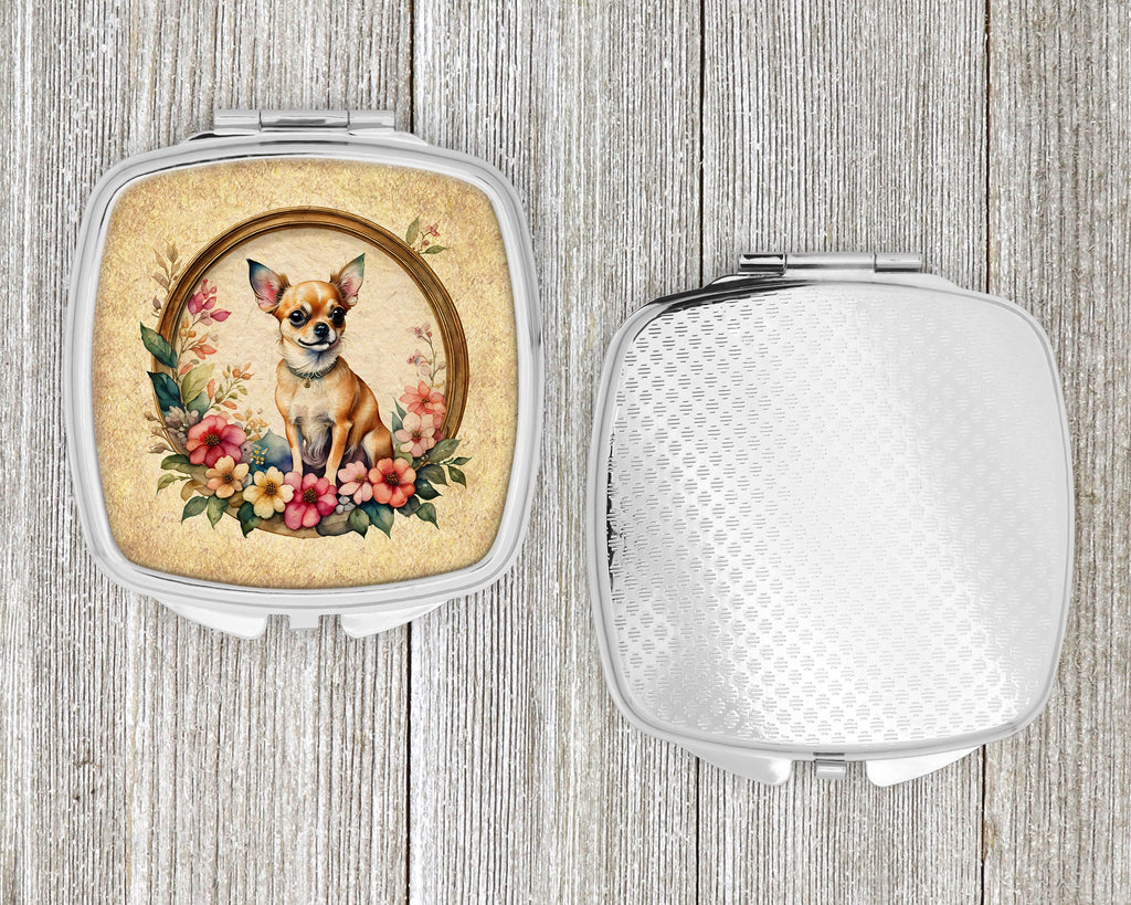 Chihuahua and Flowers Compact Mirror Decorative Travel Makeup Mirror for Women Girls Gifts Pocket Makeup Mirror Folding Handheld