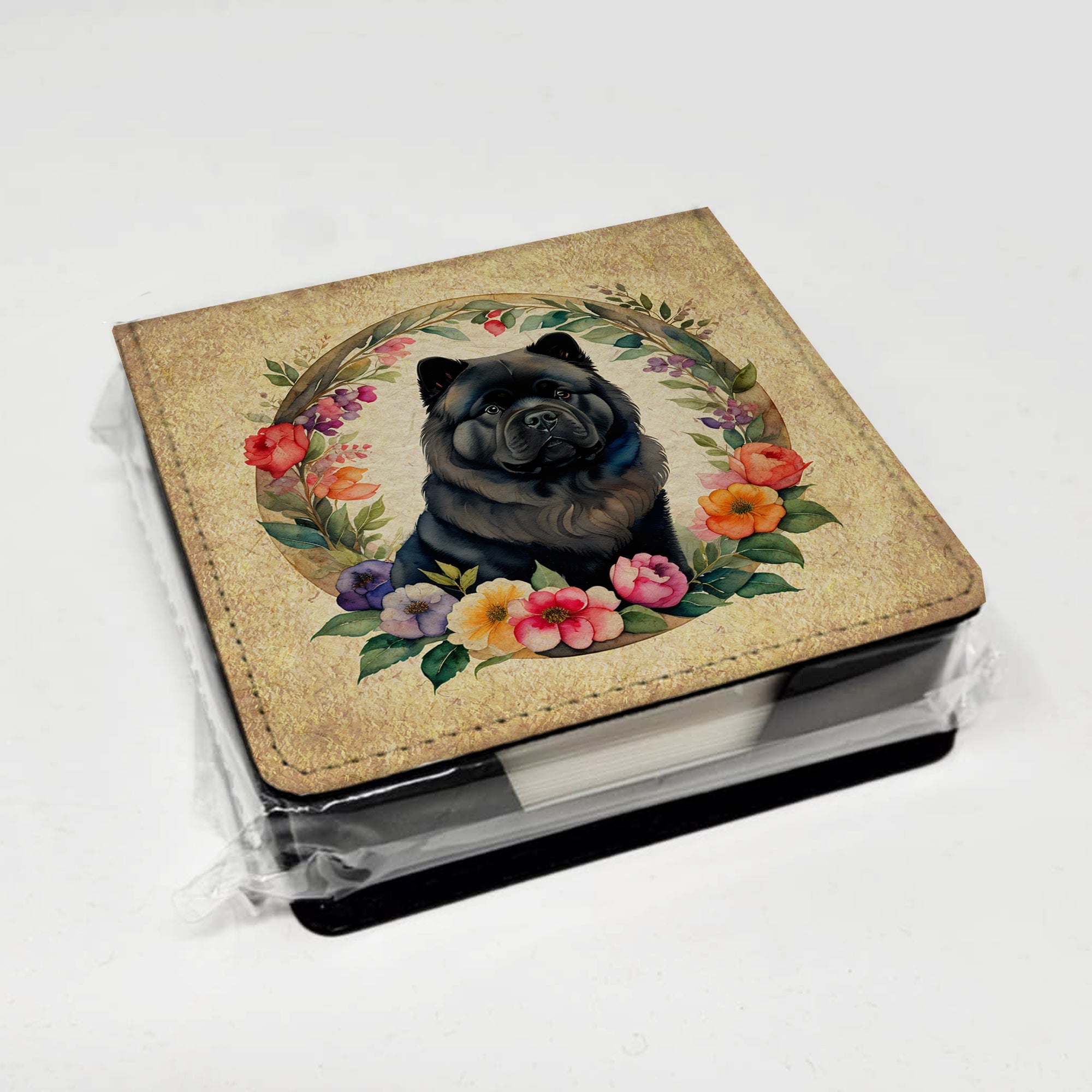Black Chow Chow and Flowers PU Leather Note Paper Holder with Artist-Designed Cover, Desk Accessory, Office Gift