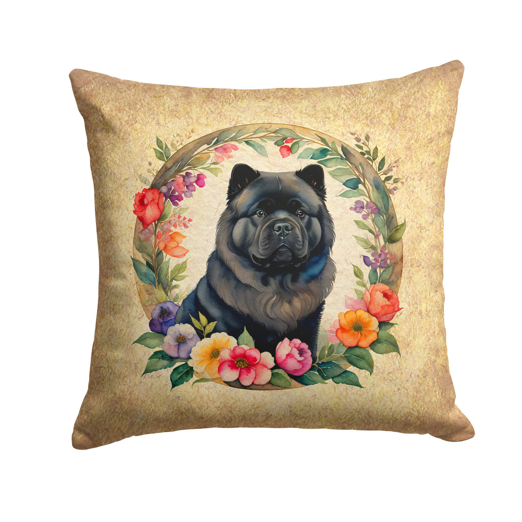 Black Chow Chow and Flowers Decorative Throw Pillow 14x14 Indoor Outdoor Accent Cushion, Fabric Cover with Insert for Sofa, Bed, Porch & Living Room