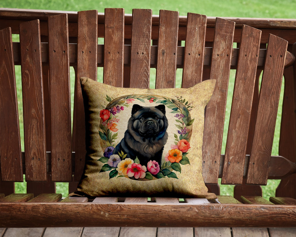 Black Chow Chow and Flowers Decorative Throw Pillow 14x14 Indoor Outdoor Accent Cushion, Fabric Cover with Insert for Sofa, Bed, Porch & Living Room