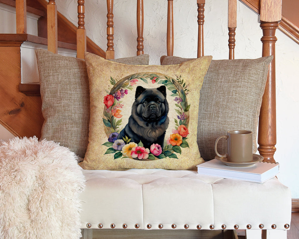 Black Chow Chow and Flowers Decorative Throw Pillow 14x14 Indoor Outdoor Accent Cushion, Fabric Cover with Insert for Sofa, Bed, Porch & Living Room