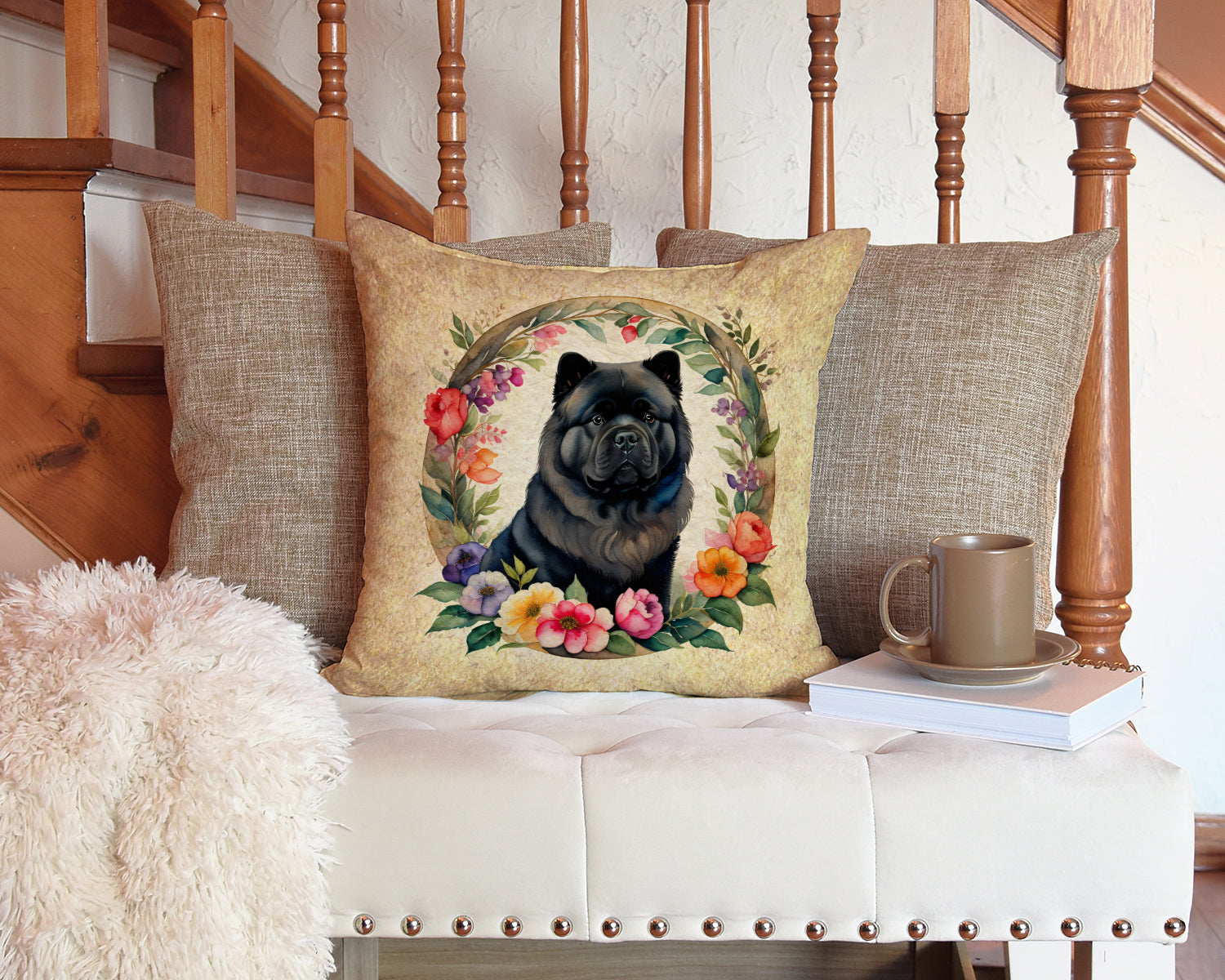 Black Chow Chow and Flowers Decorative Throw Pillow 14x14 Indoor Outdoor Accent Cushion, Fabric Cover with Insert for Sofa, Bed, Porch & Living Room