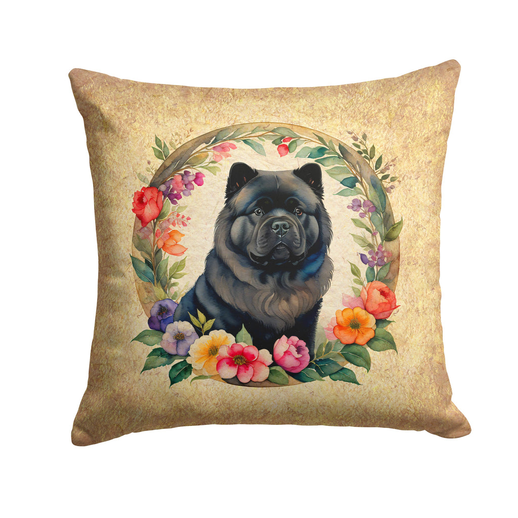 Black Chow Chow and Flowers Decorative Throw Pillow 18x18 Indoor Outdoor Accent Cushion, Fabric Cover with Insert for Sofa, Bed, Porch & Living Room