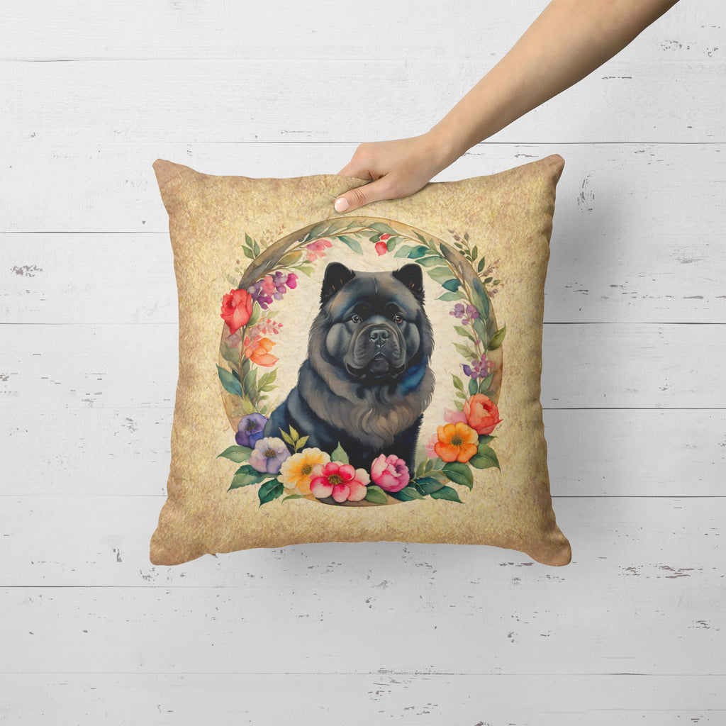 Black Chow Chow and Flowers Decorative Throw Pillow 18x18 Indoor Outdoor Accent Cushion, Fabric Cover with Insert for Sofa, Bed, Porch & Living Room