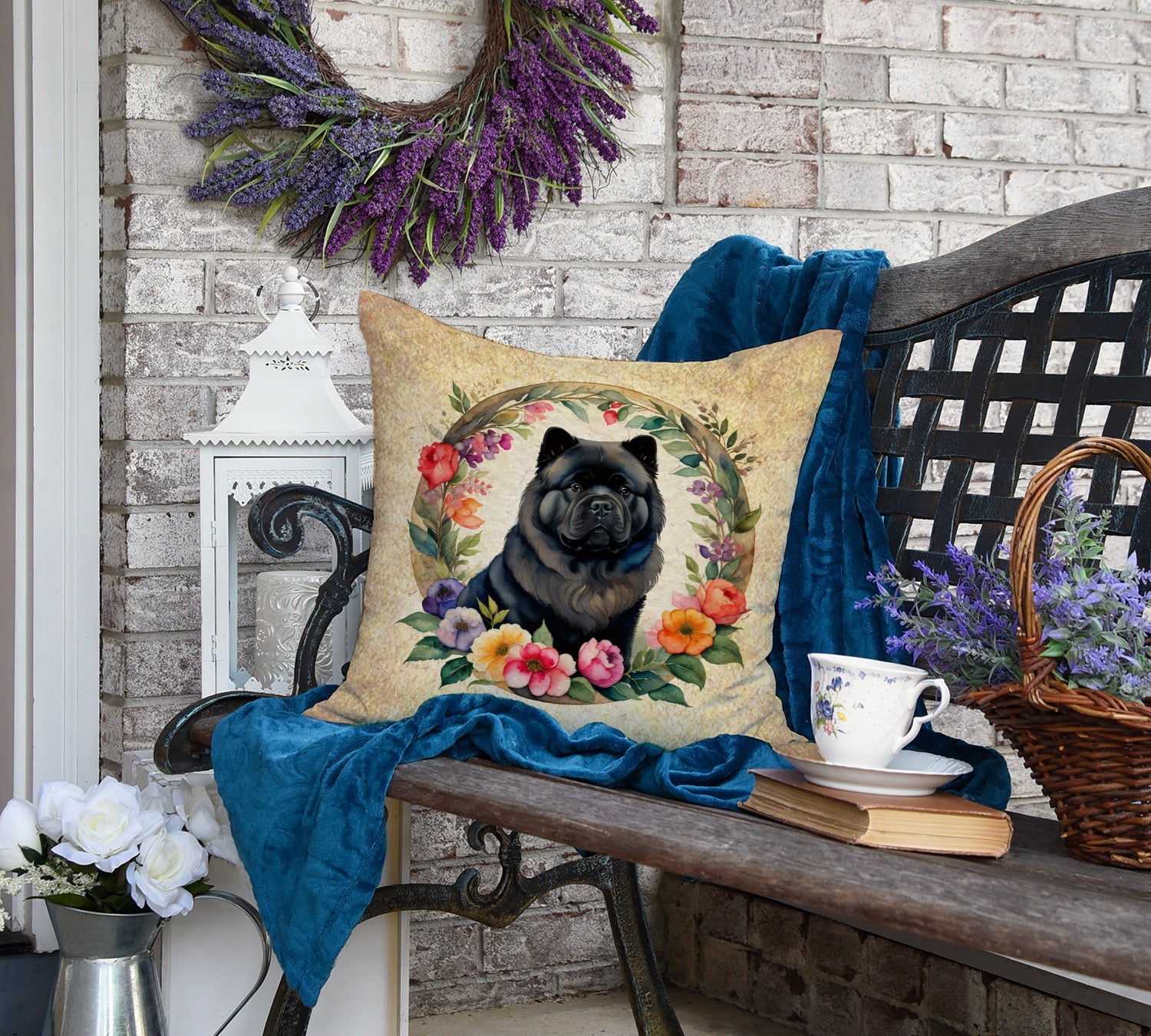Black Chow Chow and Flowers Decorative Throw Pillow 18x18 Indoor Outdoor Accent Cushion, Fabric Cover with Insert for Sofa, Bed, Porch & Living Room