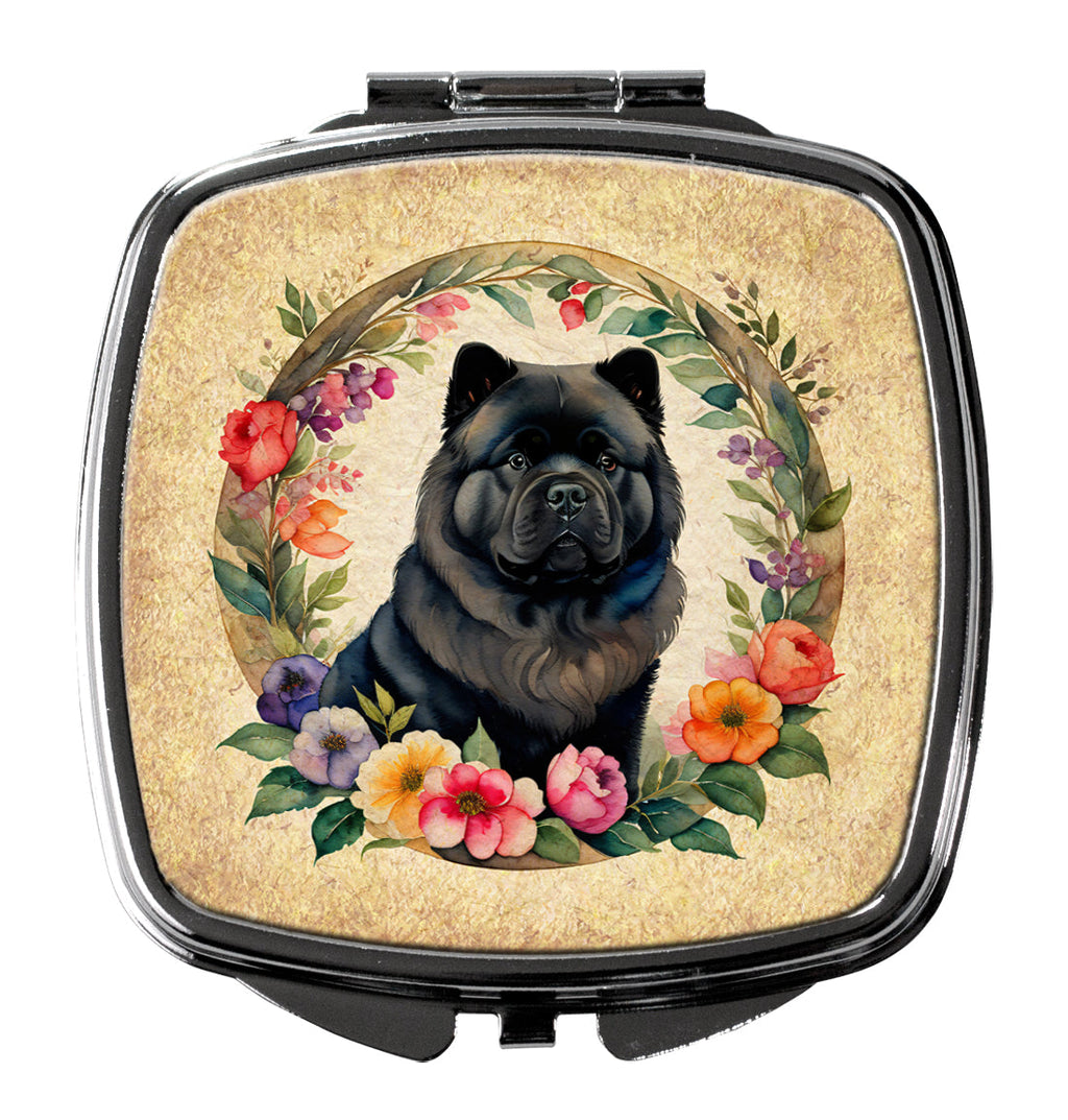 Black Chow Chow and Flowers Compact Mirror Decorative Travel Makeup Mirror for Women Girls Gifts Pocket Makeup Mirror Folding Handheld