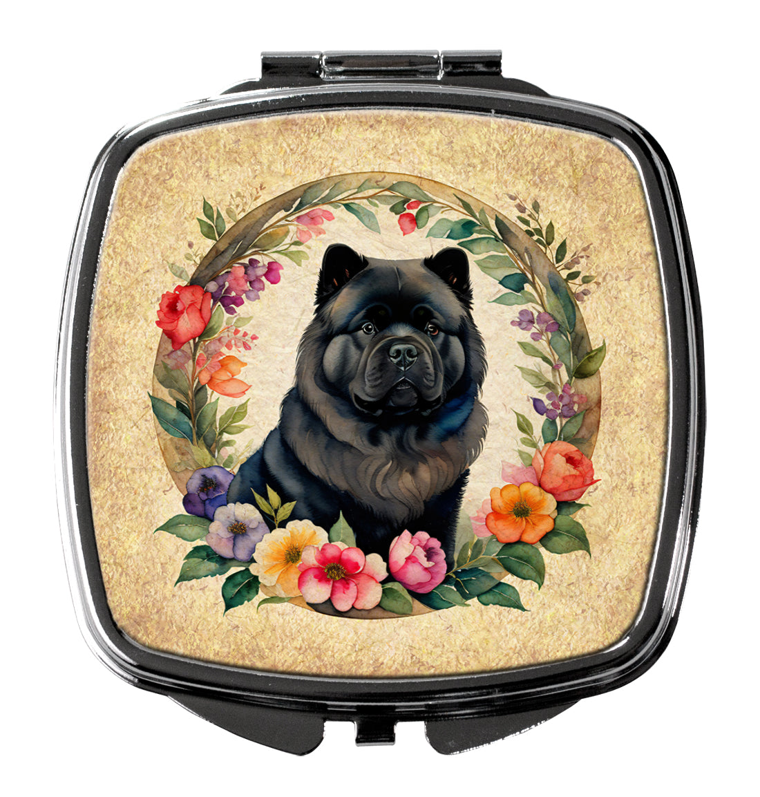 Black Chow Chow and Flowers Compact Mirror Decorative Travel Makeup Mirror for Women Girls Gifts Pocket Makeup Mirror Folding Handheld