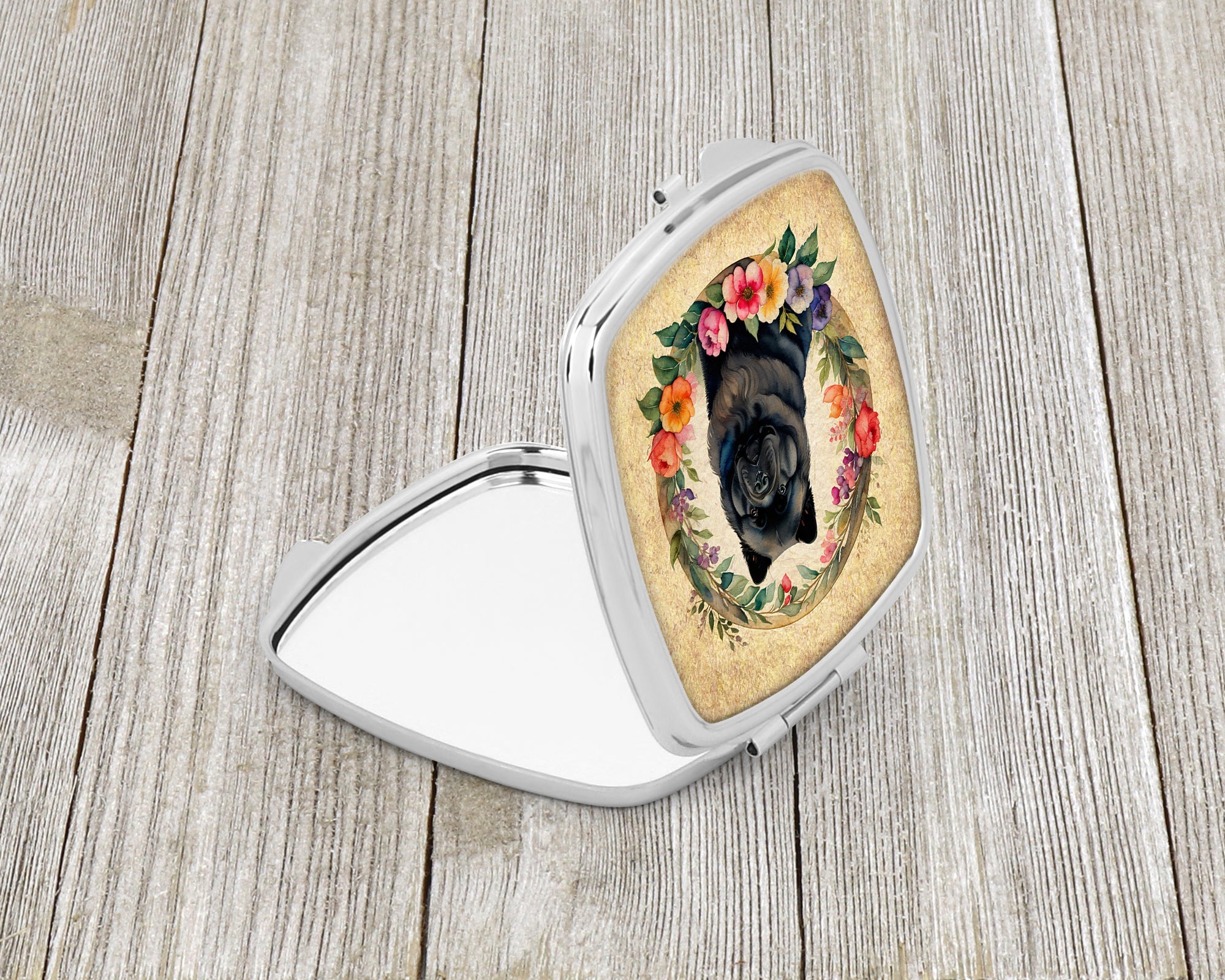 Black Chow Chow and Flowers Compact Mirror Decorative Travel Makeup Mirror for Women Girls Gifts Pocket Makeup Mirror Folding Handheld