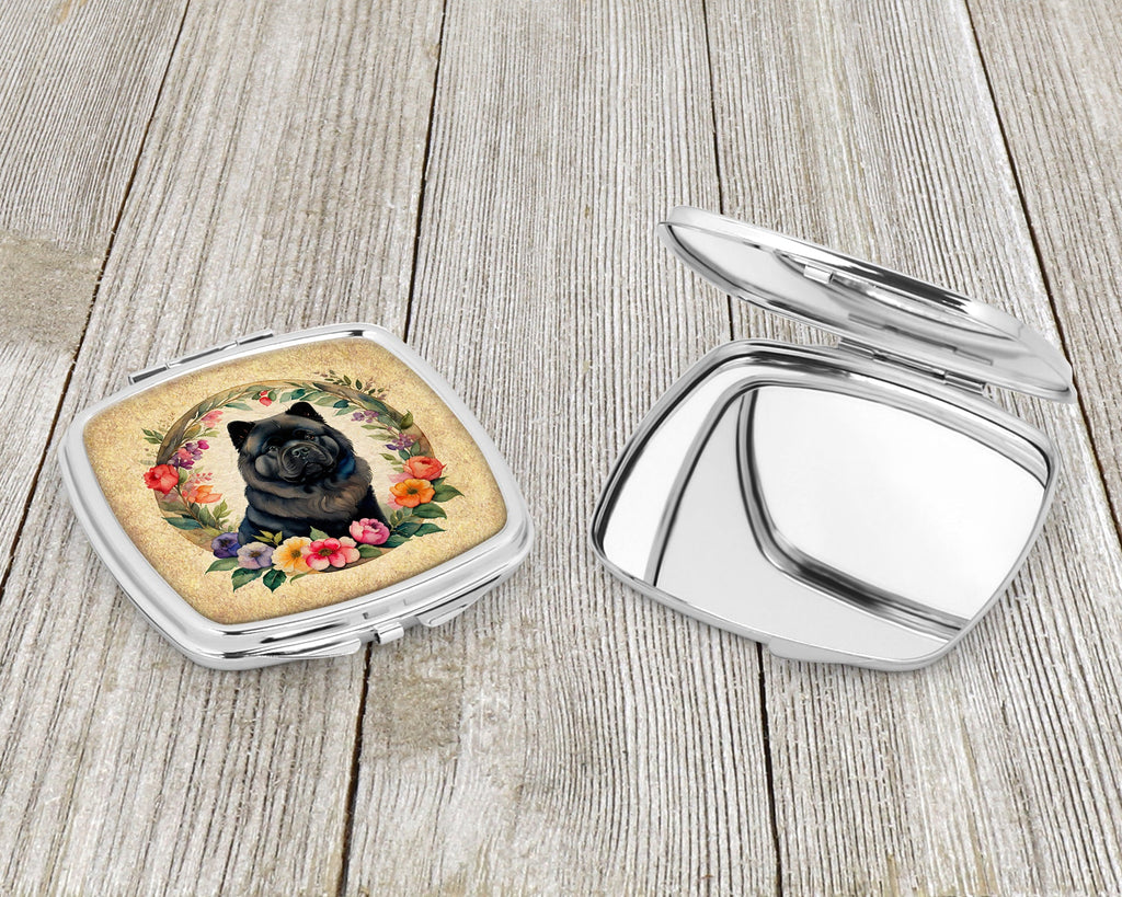 Black Chow Chow and Flowers Compact Mirror Decorative Travel Makeup Mirror for Women Girls Gifts Pocket Makeup Mirror Folding Handheld