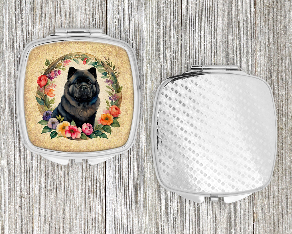 Black Chow Chow and Flowers Compact Mirror Decorative Travel Makeup Mirror for Women Girls Gifts Pocket Makeup Mirror Folding Handheld