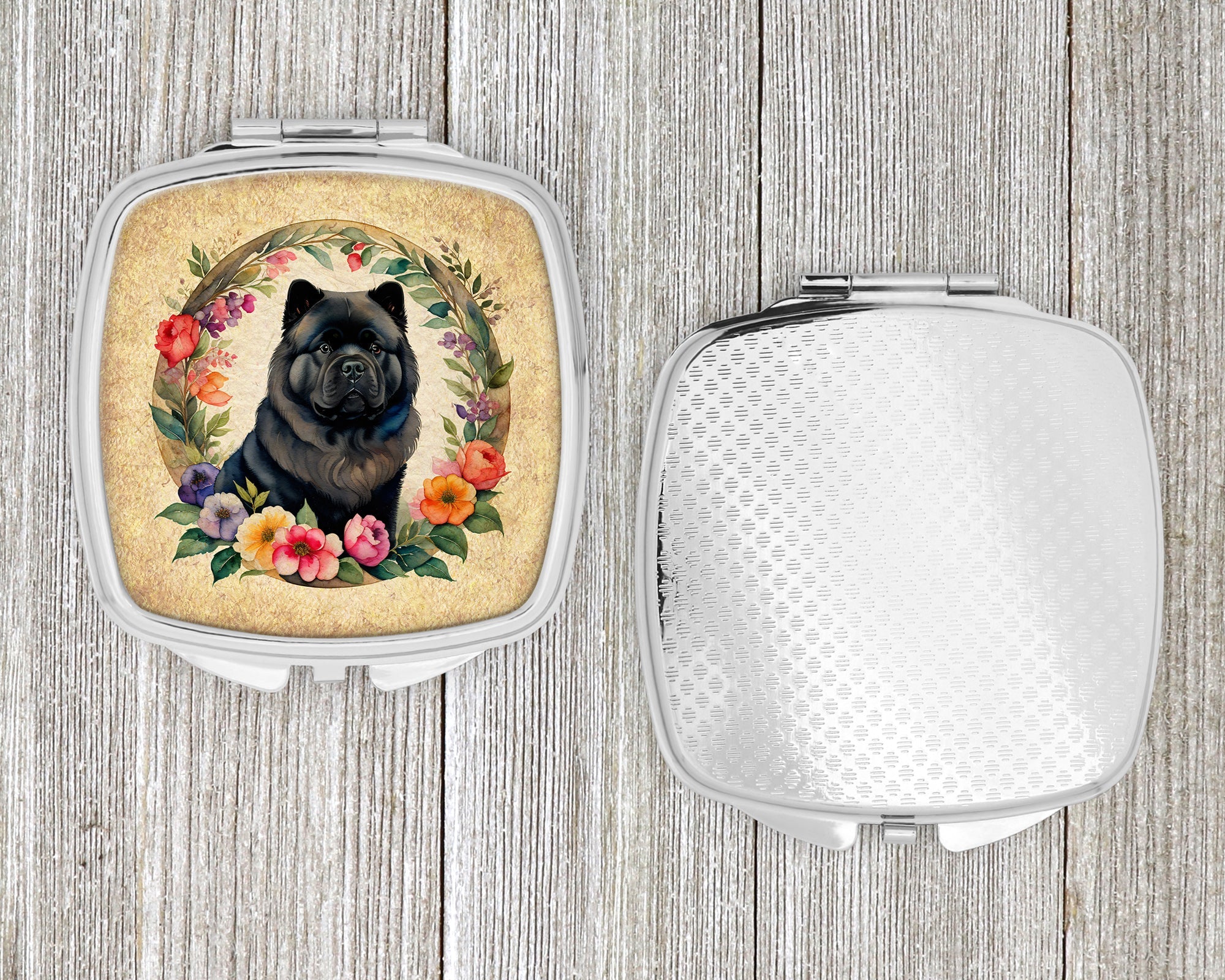 Black Chow Chow and Flowers Compact Mirror Decorative Travel Makeup Mirror for Women Girls Gifts Pocket Makeup Mirror Folding Handheld
