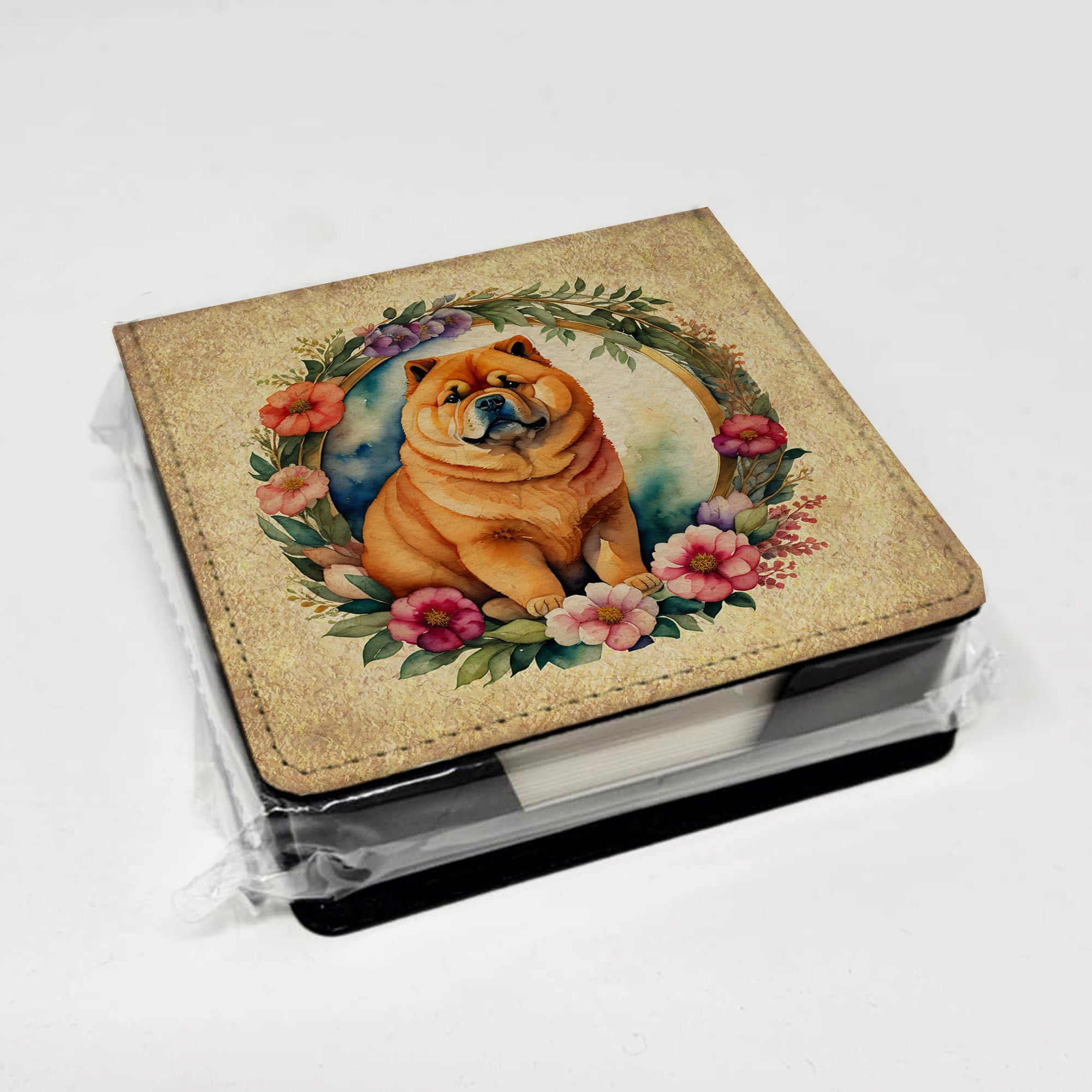 Chow Chow and Flowers PU Leather Note Paper Holder with Artist-Designed Cover, Desk Accessory, Office Gift