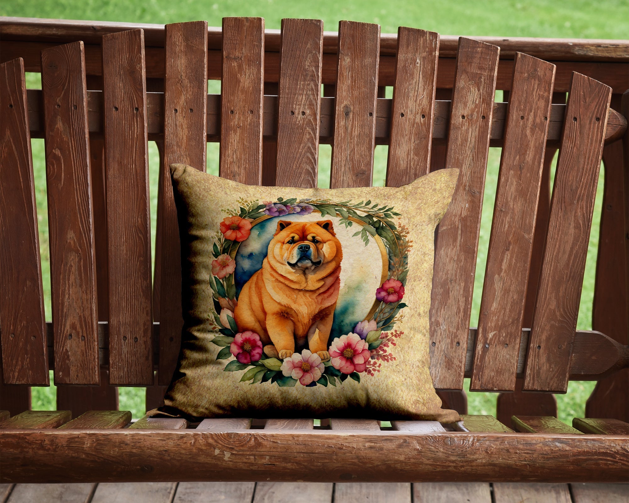 Chow Chow and Flowers Decorative Throw Pillow 14x14 Indoor Outdoor Accent Cushion, Fabric Cover with Insert for Sofa, Bed, Porch & Living Room