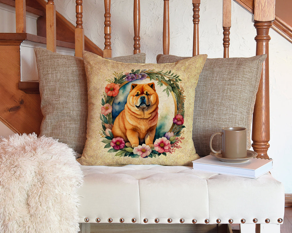 Chow Chow and Flowers Decorative Throw Pillow 14x14 Indoor Outdoor Accent Cushion, Fabric Cover with Insert for Sofa, Bed, Porch & Living Room