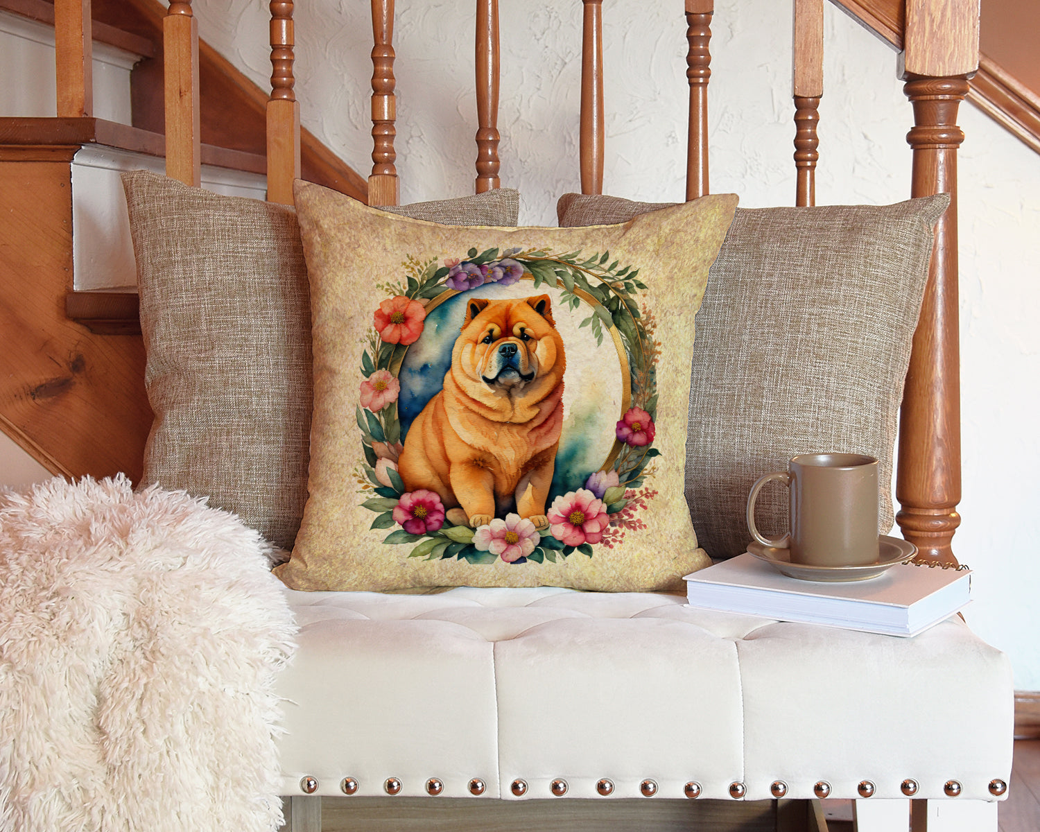 Chow Chow and Flowers Decorative Throw Pillow 14x14 Indoor Outdoor Accent Cushion, Fabric Cover with Insert for Sofa, Bed, Porch & Living Room
