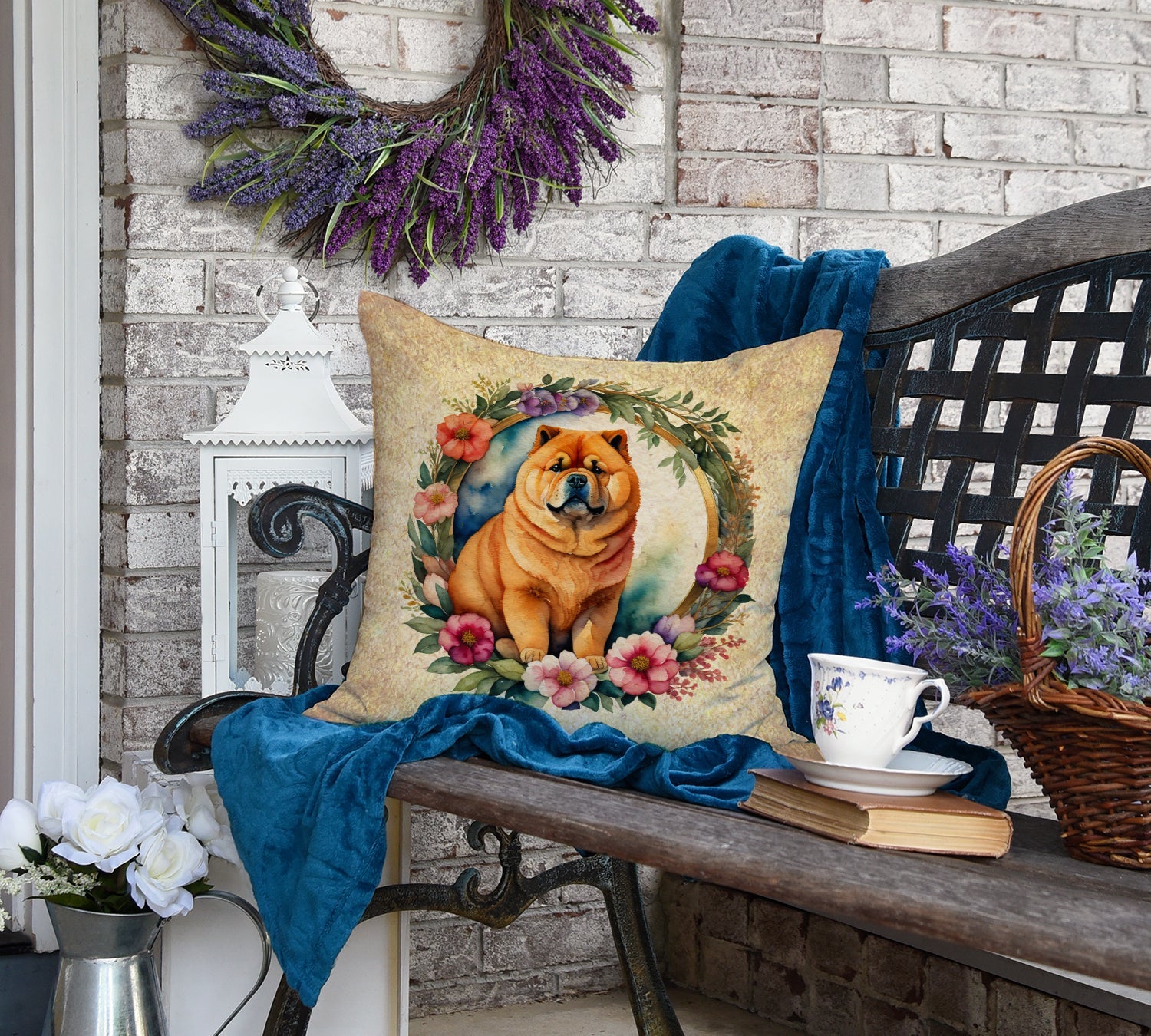 Chow Chow and Flowers Decorative Throw Pillow 18x18 Indoor Outdoor Accent Cushion, Fabric Cover with Insert for Sofa, Bed, Porch & Living Room