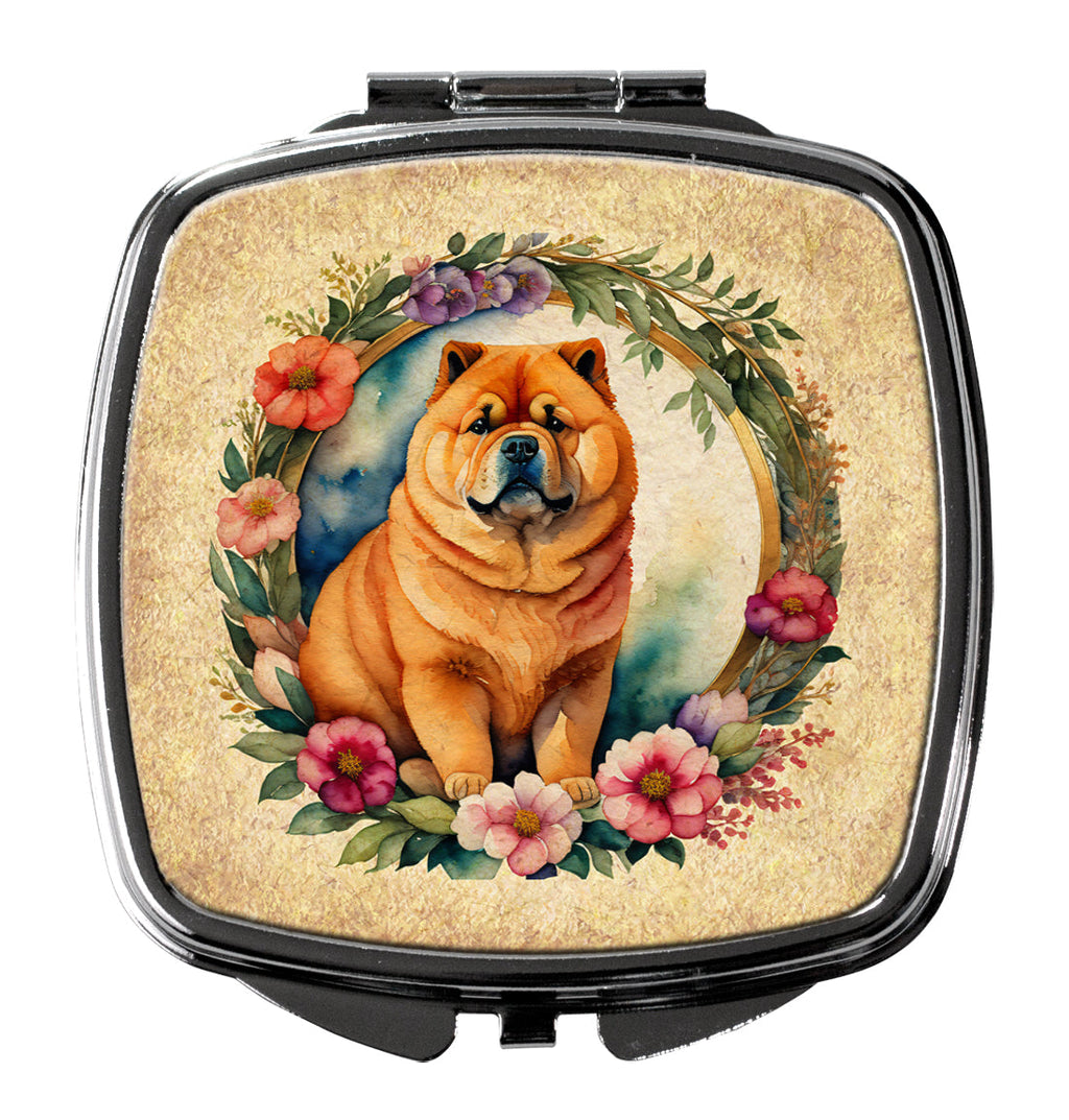 Chow Chow and Flowers Compact Mirror Decorative Travel Makeup Mirror for Women Girls Gifts Pocket Makeup Mirror Folding Handheld