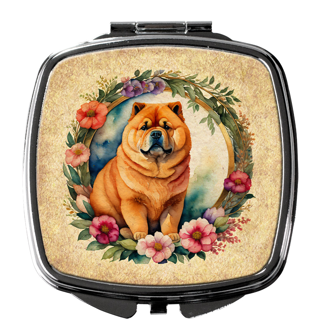 Chow Chow and Flowers Compact Mirror Decorative Travel Makeup Mirror for Women Girls Gifts Pocket Makeup Mirror Folding Handheld