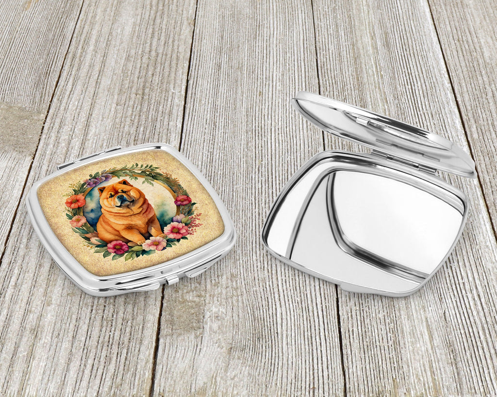 Chow Chow and Flowers Compact Mirror Decorative Travel Makeup Mirror for Women Girls Gifts Pocket Makeup Mirror Folding Handheld