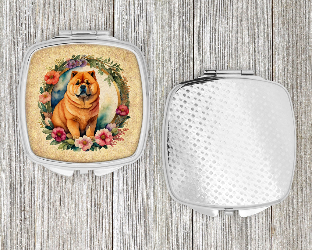 Chow Chow and Flowers Compact Mirror Decorative Travel Makeup Mirror for Women Girls Gifts Pocket Makeup Mirror Folding Handheld