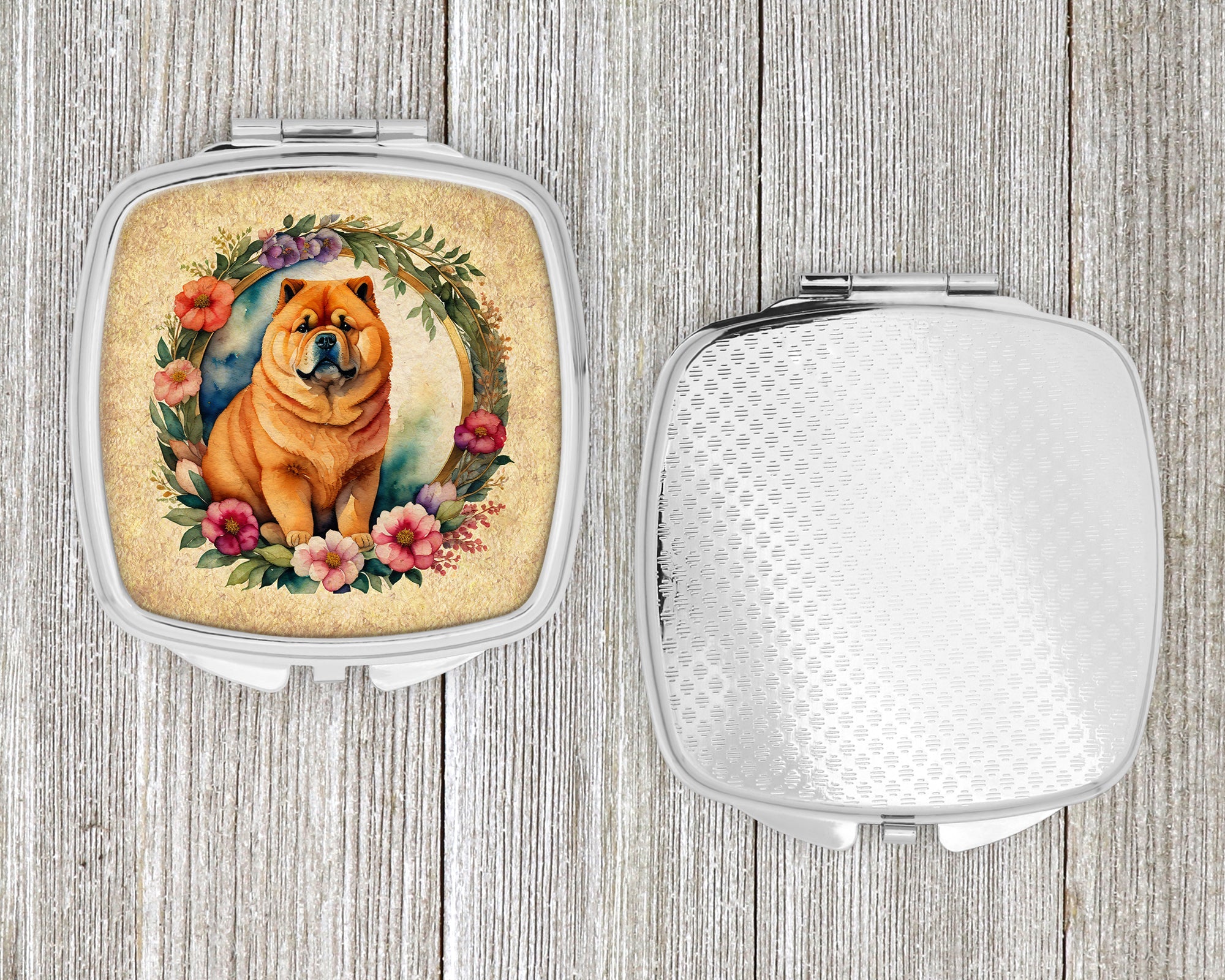 Chow Chow and Flowers Compact Mirror Decorative Travel Makeup Mirror for Women Girls Gifts Pocket Makeup Mirror Folding Handheld