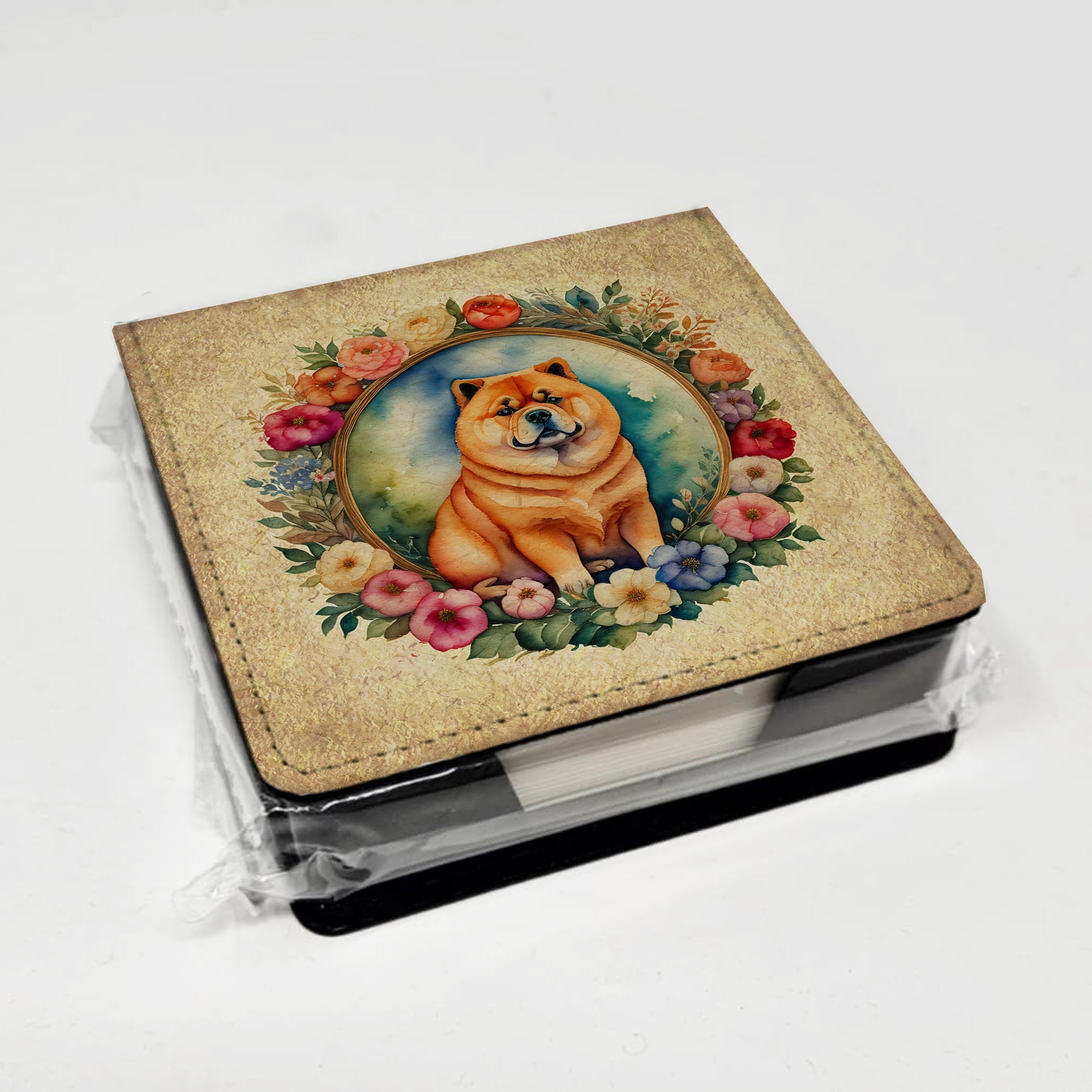 Chow Chow and Flowers PU Leather Note Paper Holder with Artist-Designed Cover, Desk Accessory, Office Gift
