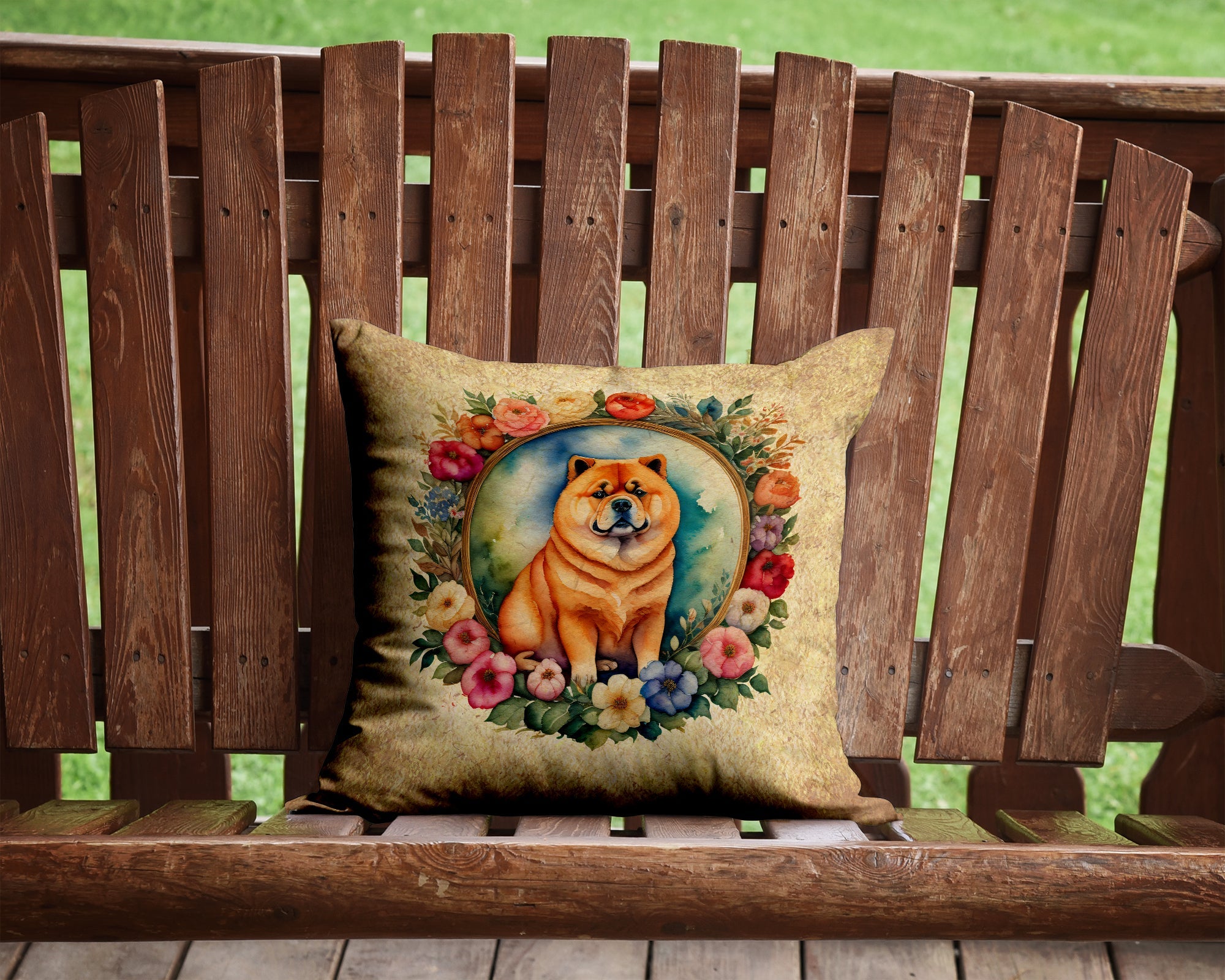 Chow Chow and Flowers Decorative Throw Pillow 14x14 Indoor Outdoor Accent Cushion, Fabric Cover with Insert for Sofa, Bed, Porch & Living Room