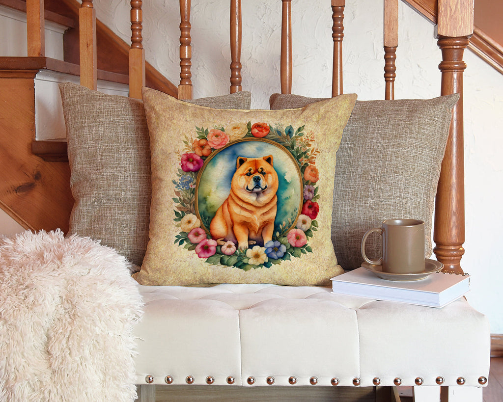 Chow Chow and Flowers Decorative Throw Pillow 14x14 Indoor Outdoor Accent Cushion, Fabric Cover with Insert for Sofa, Bed, Porch & Living Room