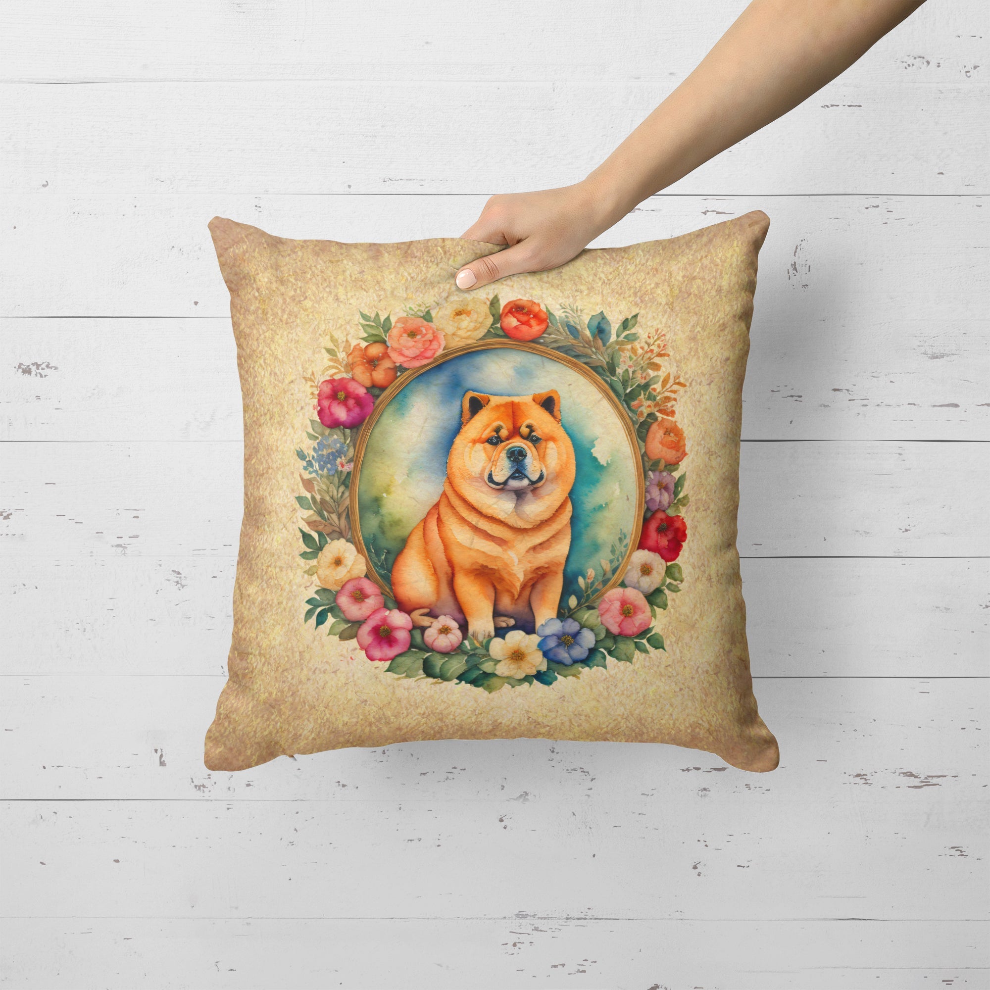 Chow Chow and Flowers Decorative Throw Pillow 18x18 Indoor Outdoor Accent Cushion, Fabric Cover with Insert for Sofa, Bed, Porch & Living Room