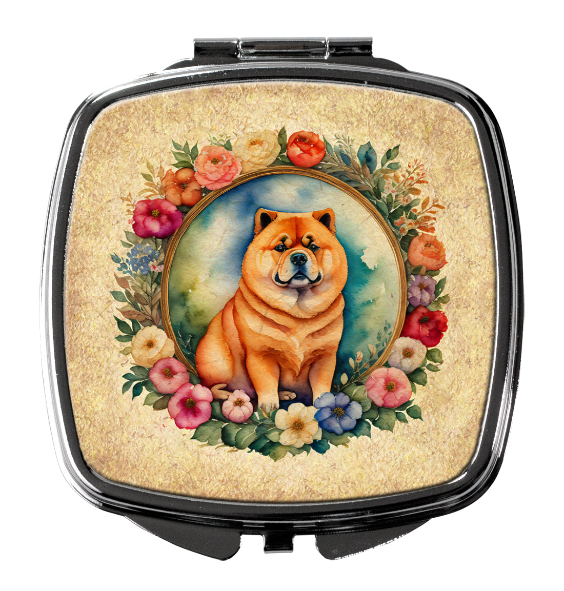 Chow Chow and Flowers Compact Mirror Decorative Travel Makeup Mirror for Women Girls Gifts Pocket Makeup Mirror Folding Handheld