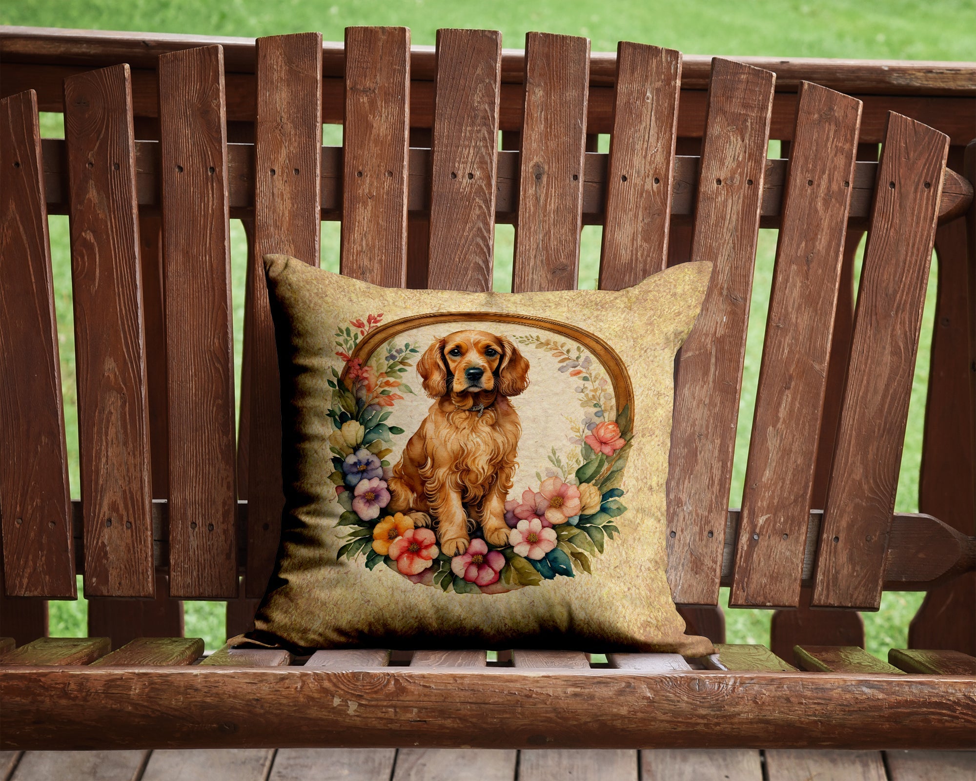 Cocker Spaniel and Flowers Decorative Throw Pillow 14x14 Indoor Outdoor Accent Cushion, Fabric Cover with Insert for Sofa, Bed, Porch & Living Room