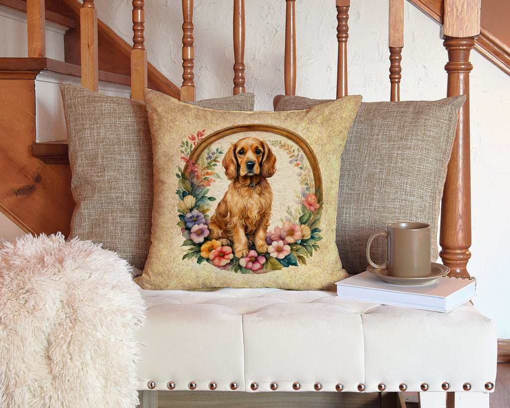 Cocker Spaniel and Flowers Decorative Throw Pillow 14x14 Indoor Outdoor Accent Cushion, Fabric Cover with Insert for Sofa, Bed, Porch & Living Room