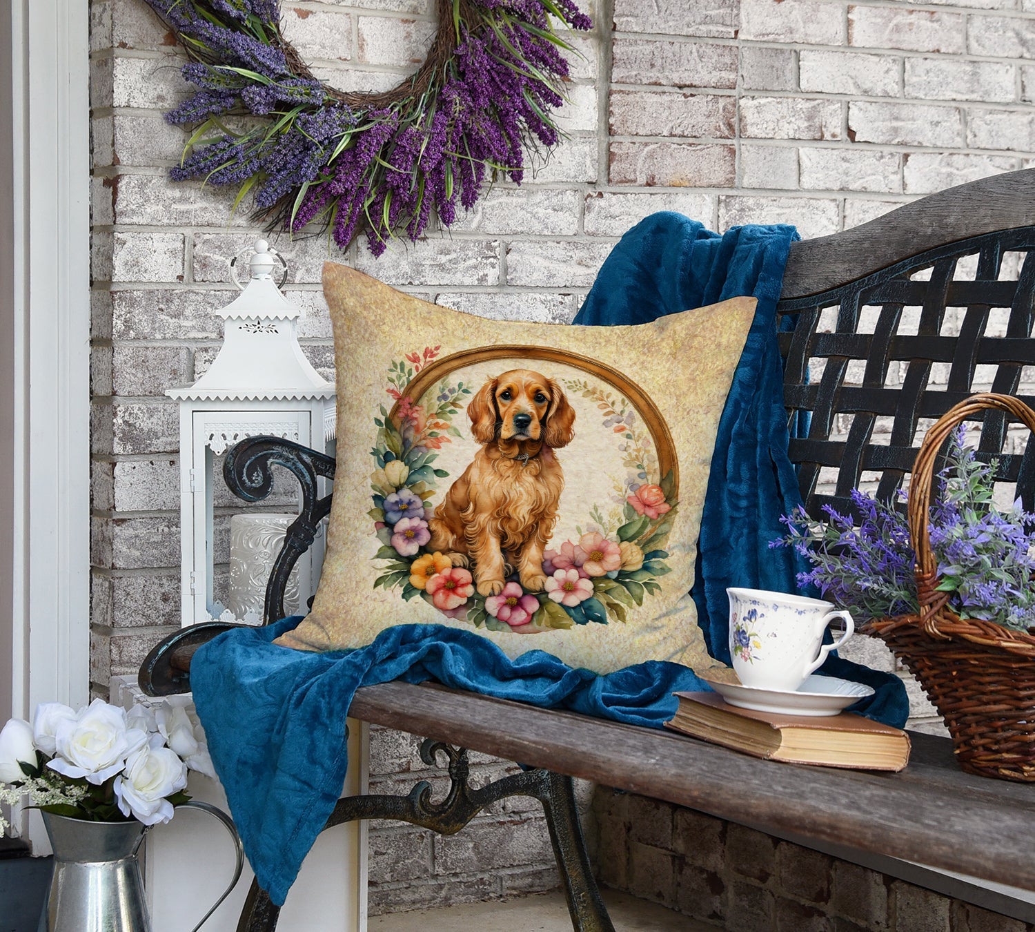 Cocker Spaniel and Flowers Decorative Throw Pillow 18x18 Indoor Outdoor Accent Cushion, Fabric Cover with Insert for Sofa, Bed, Porch & Living Room