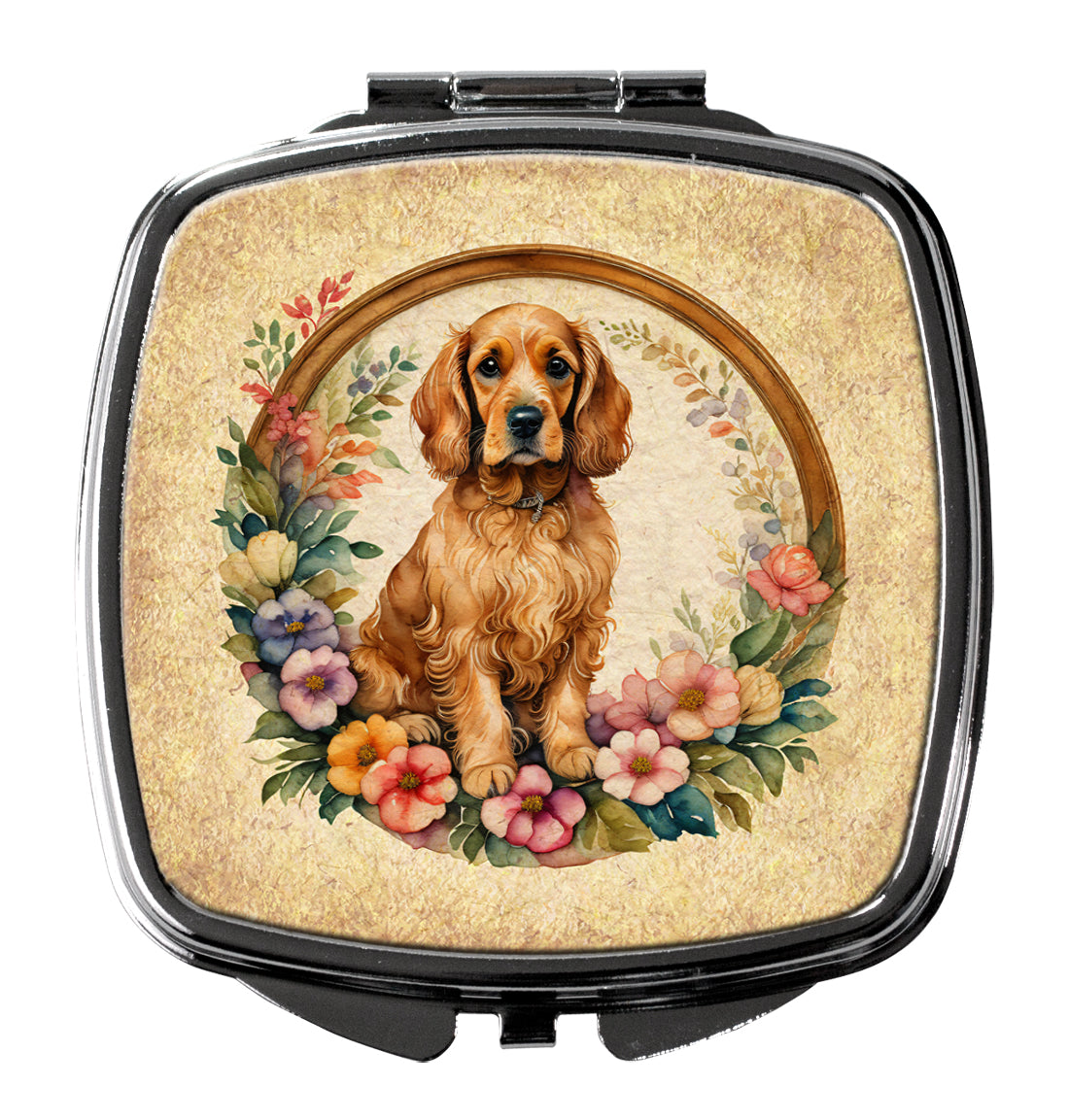 Cocker Spaniel and Flowers Compact Mirror Decorative Travel Makeup Mirror for Women Girls Gifts Pocket Makeup Mirror Folding Handheld