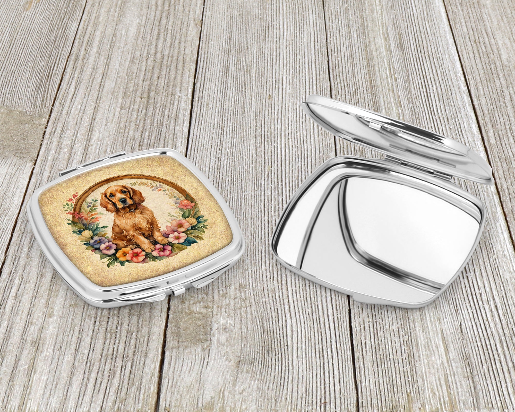 Cocker Spaniel and Flowers Compact Mirror Decorative Travel Makeup Mirror for Women Girls Gifts Pocket Makeup Mirror Folding Handheld
