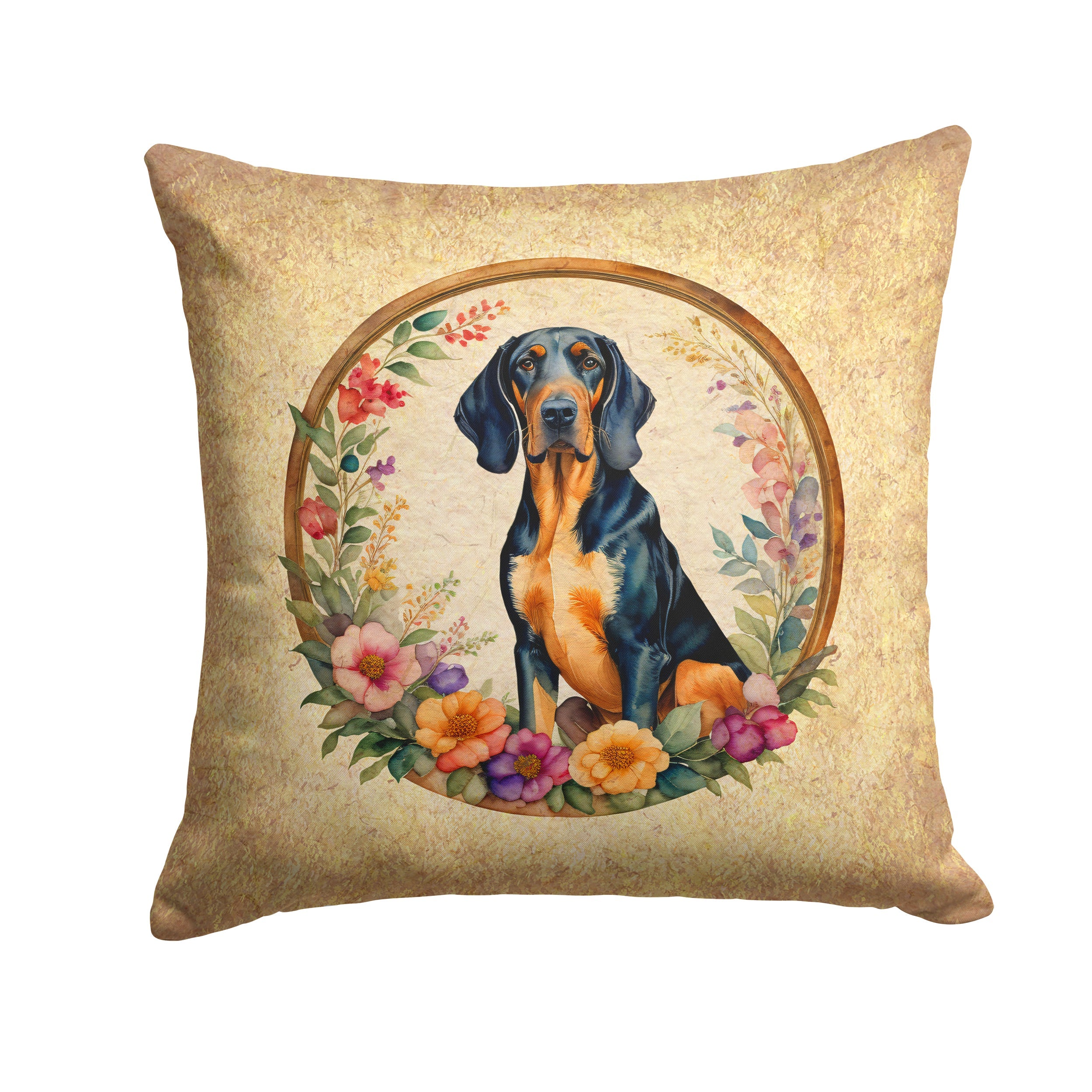 Coonhound and Flowers Decorative Throw Pillow 14x14 Indoor Outdoor Accent Cushion, Fabric Cover with Insert for Sofa, Bed, Porch & Living Room