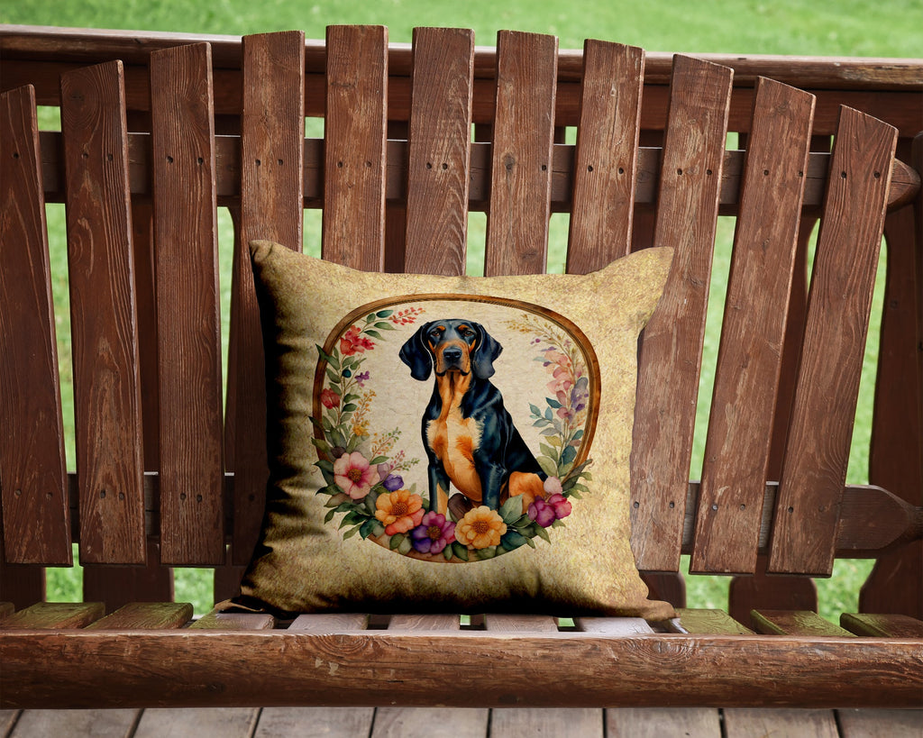 Coonhound and Flowers Decorative Throw Pillow 14x14 Indoor Outdoor Accent Cushion, Fabric Cover with Insert for Sofa, Bed, Porch & Living Room
