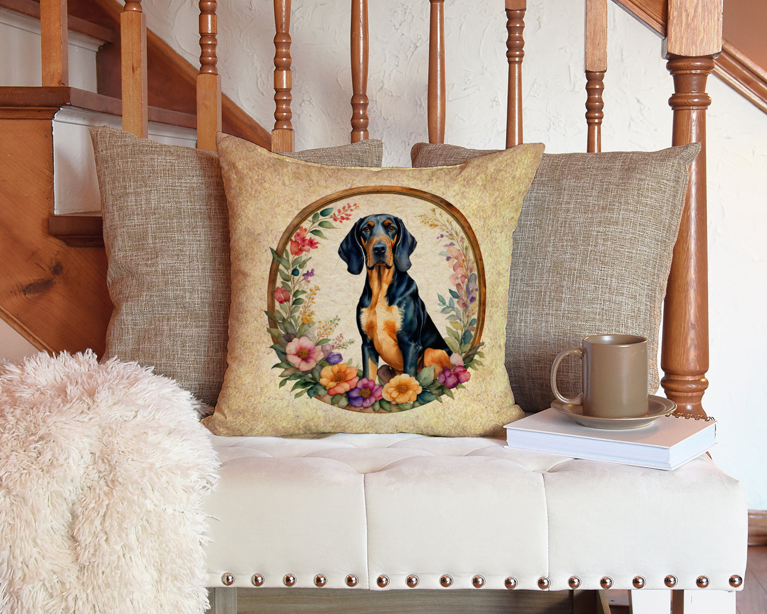 Coonhound and Flowers Decorative Throw Pillow 14x14 Indoor Outdoor Accent Cushion, Fabric Cover with Insert for Sofa, Bed, Porch & Living Room