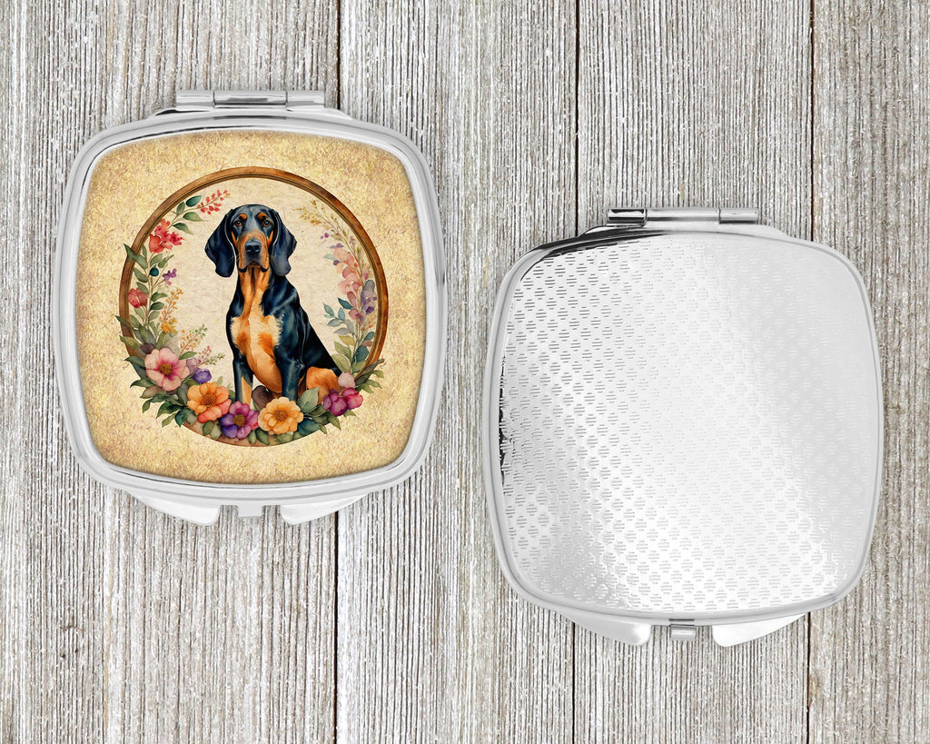 Coonhound and Flowers Compact Mirror Decorative Travel Makeup Mirror for Women Girls Gifts Pocket Makeup Mirror Folding Handheld