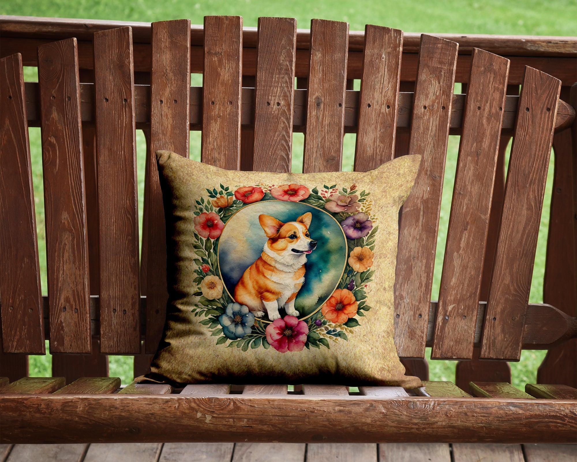 Corgi and Flowers Decorative Throw Pillow 14x14 Indoor Outdoor Accent Cushion, Fabric Cover with Insert for Sofa, Bed, Porch & Living Room
